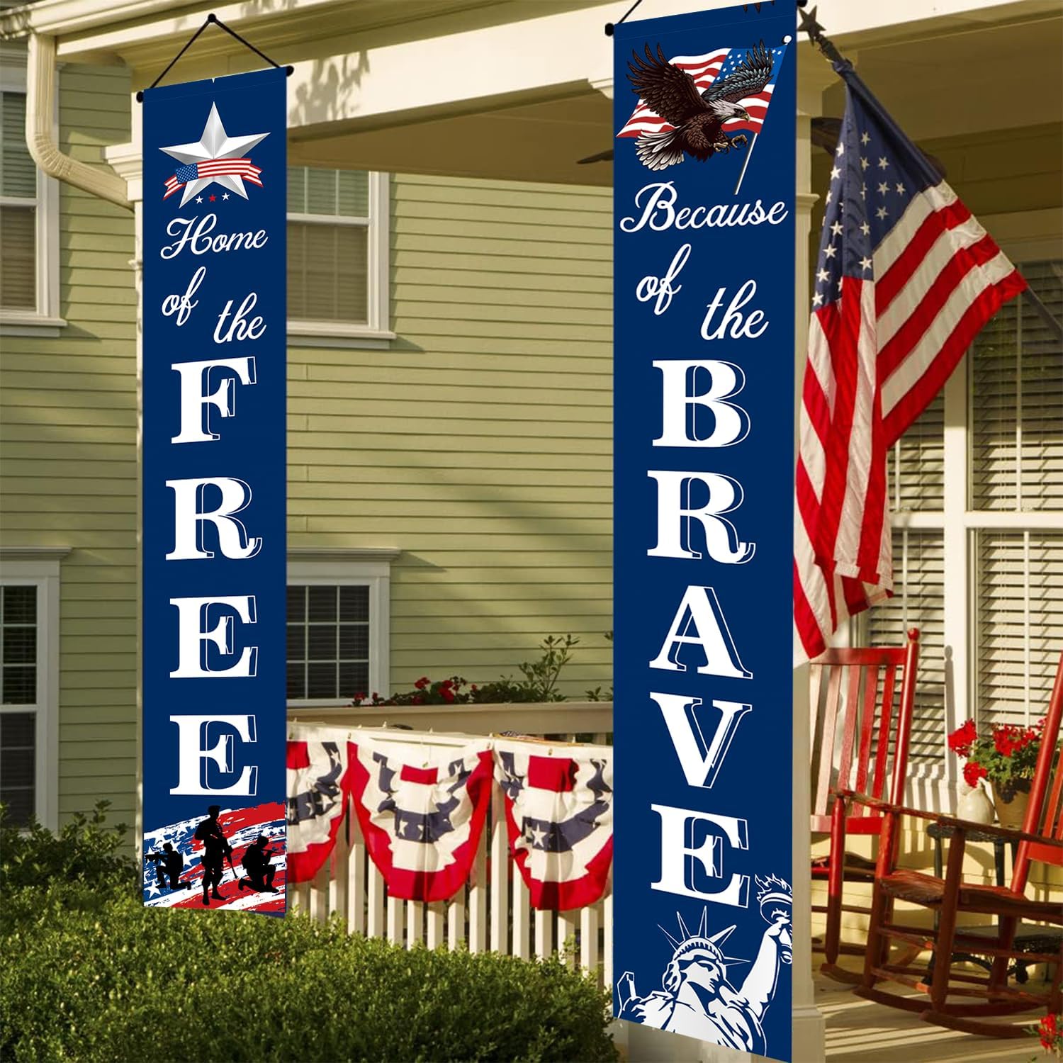 American Flag Patriotic Porch Sign Banners -“HOME of the FREE” and “Because of the BRAVE”- Hanging Banner for Memorial Day,4th of July Decor,Independence Day Veterans Day Hanging Banner Party Decorations - Image 6