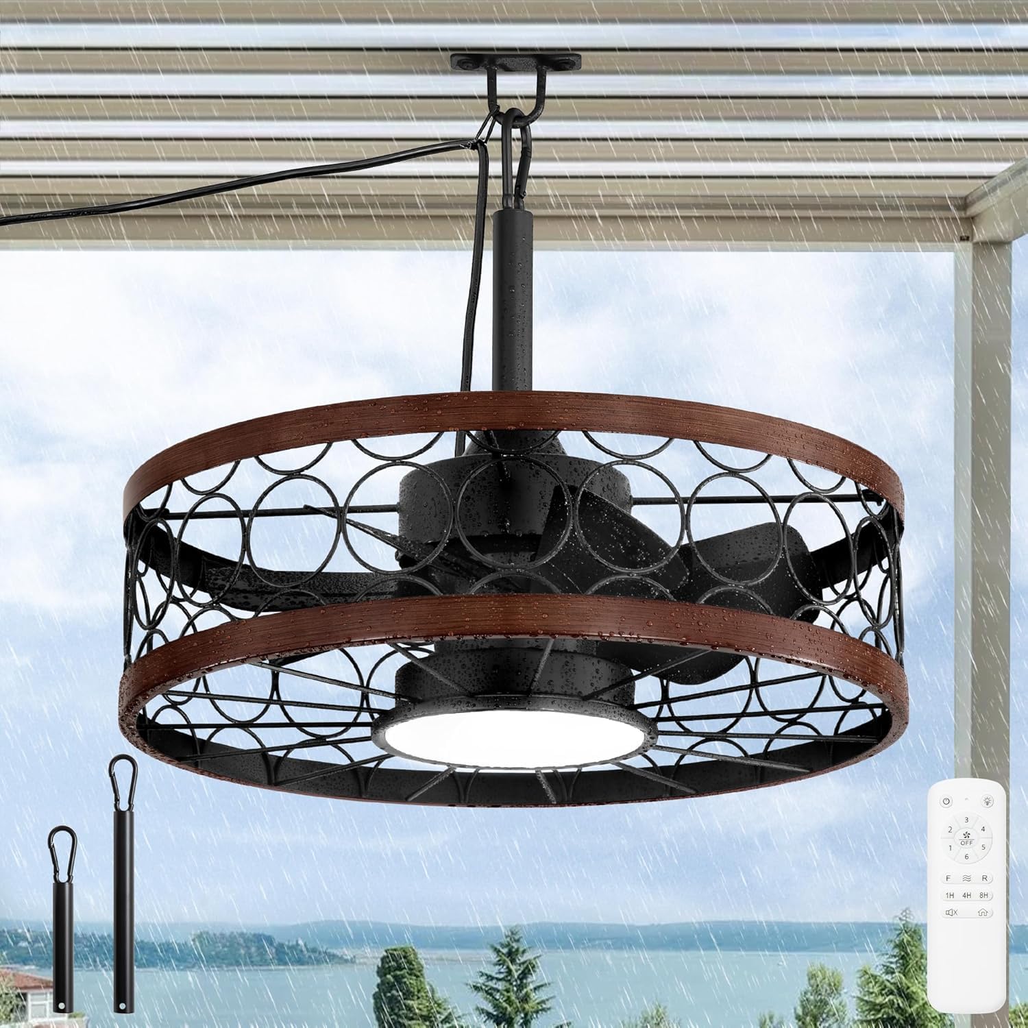 Ventilatore Da Soffitto con luce led e telecomando silenzioso IP65 Impermeabile Esterno Dimmerabile Plafoniera con ventilatore Gabbia Lampada de Soffitto con Ventilatore per Camera da Letto Soggiorno