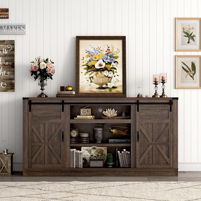 Hlivelood 66" Farmhouse TV Stand for 75 Inch TV, 33" Tall Entertainment Center with Power Outlets & Sliding Barn Door, Wood TV Stands with Storage, TV Media Console for Living Room, Brown image 6
