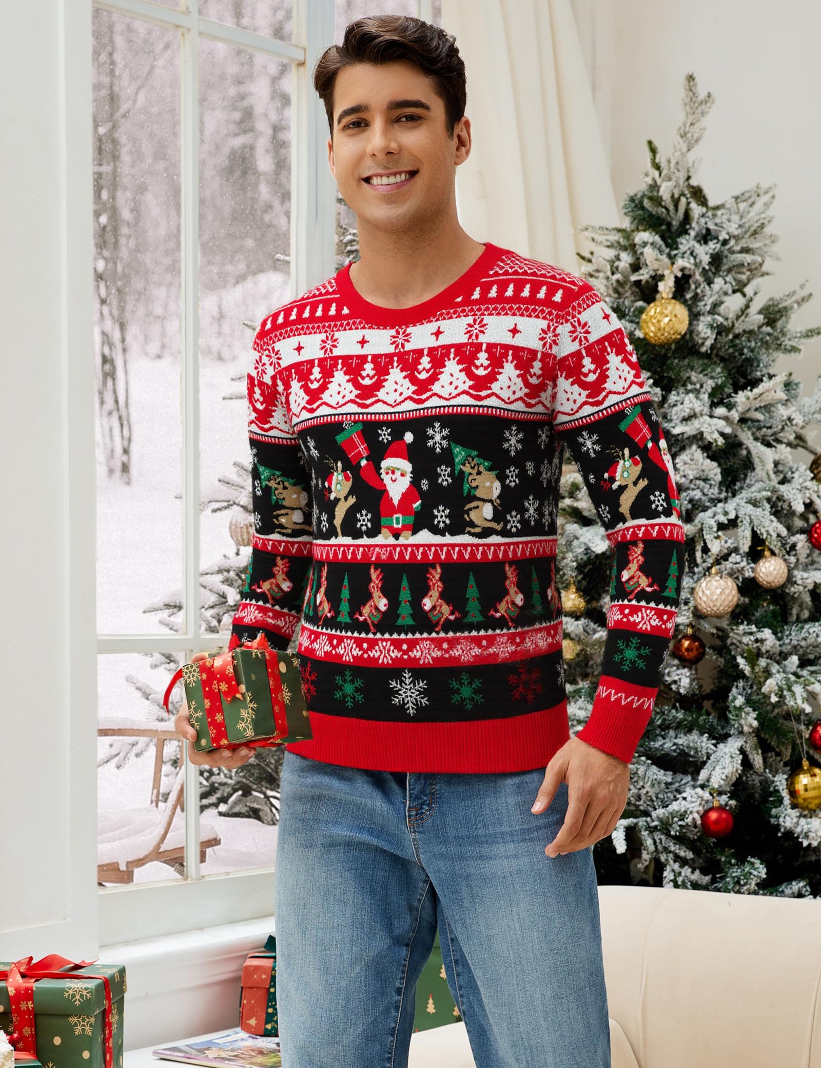 Pull de Noël pour homme - Pull de Noël amusant - Col rond - Pull en tricot avec flocon de neige - Pour fête de Noël