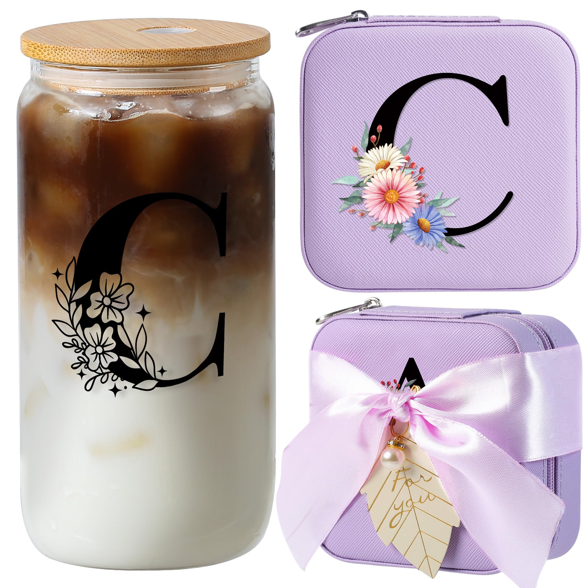 AYGXU Bridesmaid Gifts for Wedding Day,Bridesmaid Proposal Gifts,Drinking glass with Bamboo Lids and Straw,Jewelry Organizer,Travel Essentials Small Jewelry Box,Teen Girls Gifts,Initial C purple