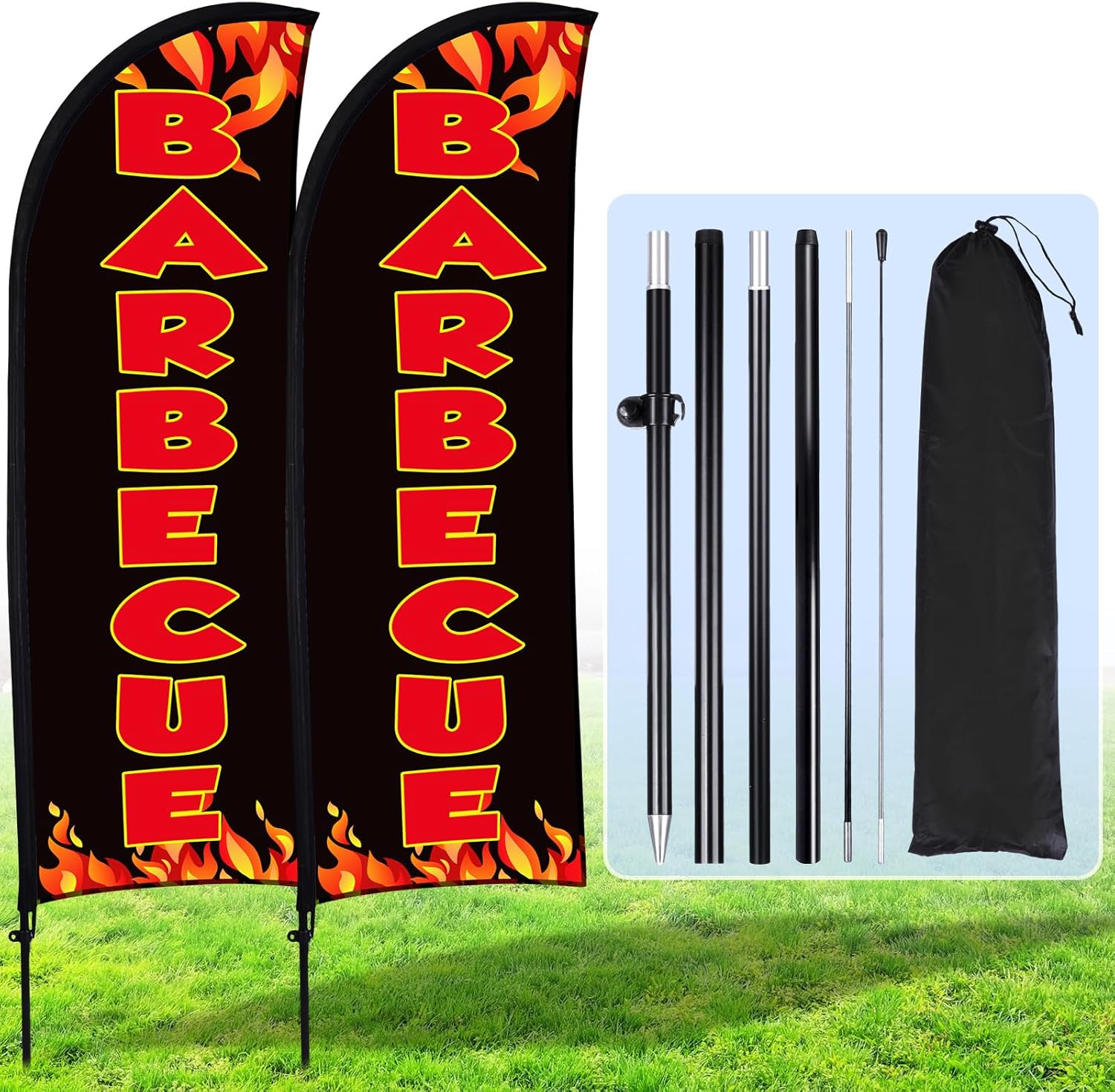 Buryeah 2 Sets Barbecue BBQ Feather Flag Kit 7 x 5.4 ft Barbecue Flag Banner with Pole Ground Stake and Portable Bag for Restaurant BBQ Sign Business Advertising Outside Ground