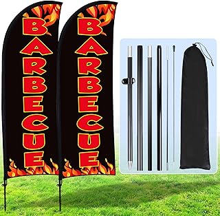 Buryeah 2 Sets Barbecue BBQ Feather Flag Kit 7 x 5.4 ft Barbecue Flag Banner with Pole Ground Stake and Portable Bag for Restaurant BBQ Sign Business Advertising Outside Ground