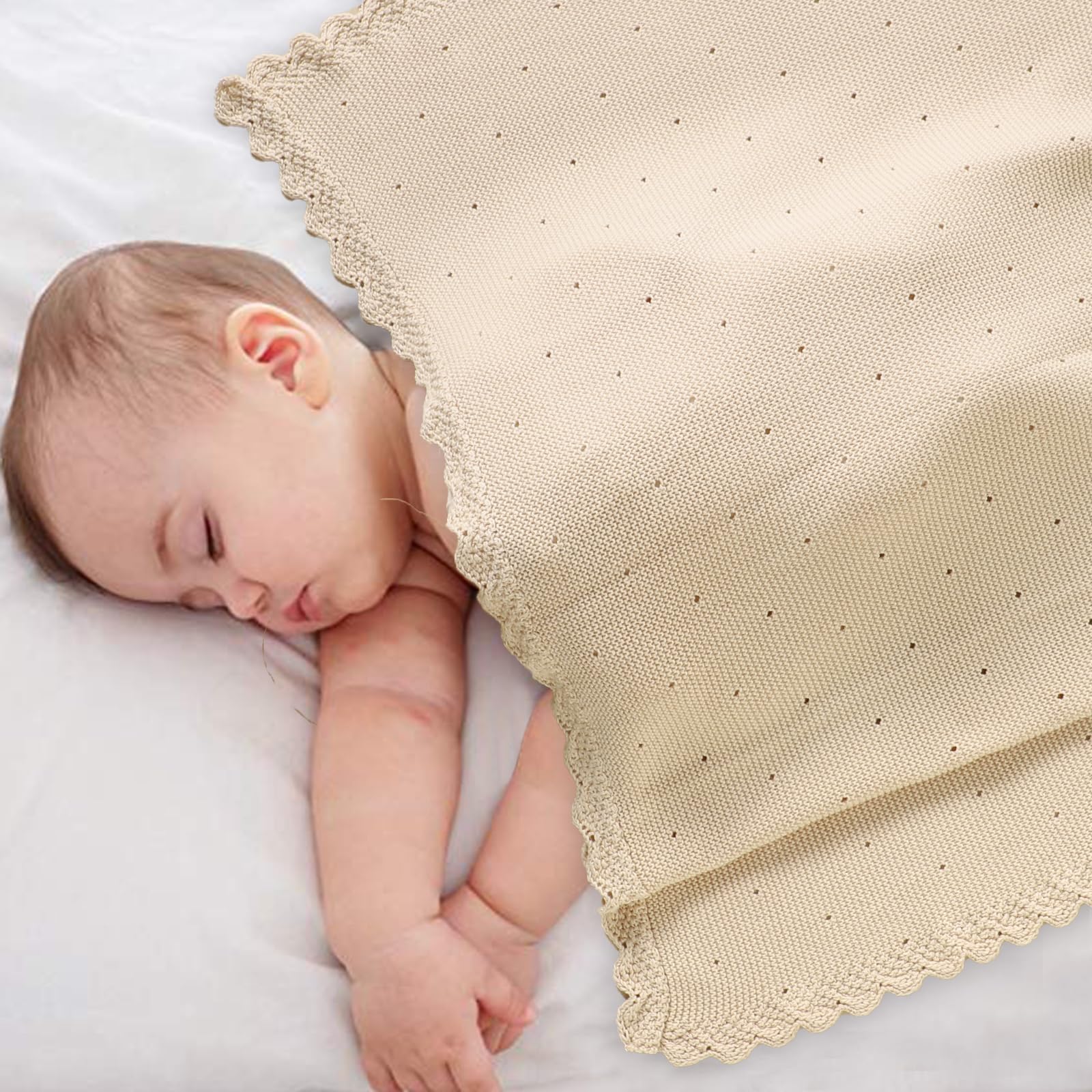 DovFanny Cellular Baby Blanket Cotton Knitted Soft Crochet Blankets for Newborn Boy Girls Toddler 100 * 80 CM Camel - Image 3