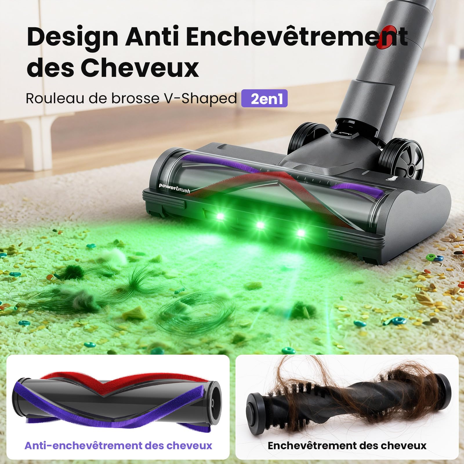 Aspirateur Balai sans Fil 600W/58000Pa/75min, Aspirateur sans Fil Puissant avec Mini Brosse Turbo Anti-Acariens, Tube Pliabl, Brosse Anti-emmêlement, pour Tapis, Sols Durs, Poils d'animaux