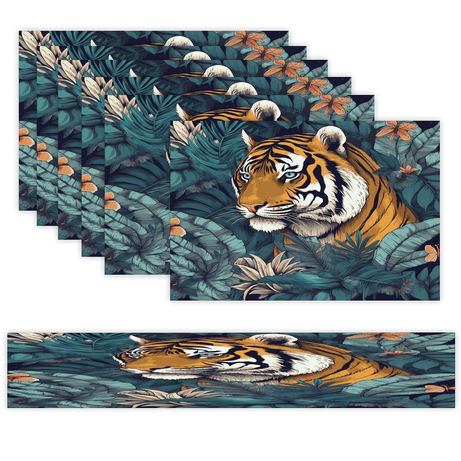 Tropical Tiger Table Runner and Placemats Set of 6 Wipe Clean Heat Resistant Table Mat with Table Runner Decorations Flax Linen Place Mat Set for Home Kitchen Party Supplies