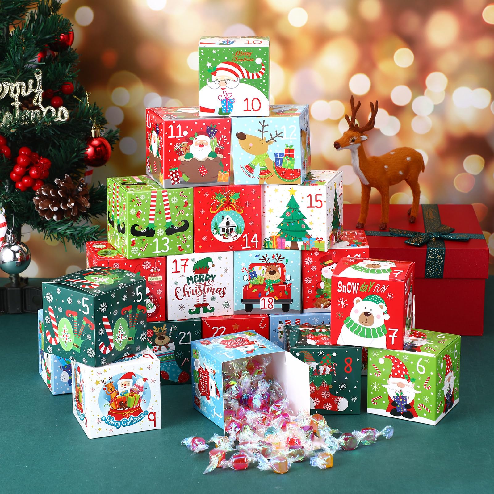 Sliner 120 Stück kleine Weihnachts-Adventskalender-Box, Weihnachts-Adventskalender 2023, Countdown-Geschenkboxen mit 24 Stück Muster-Design, leere Mini-Boxen für Gastgeschenke, Kinder, Urlaub, Kekse