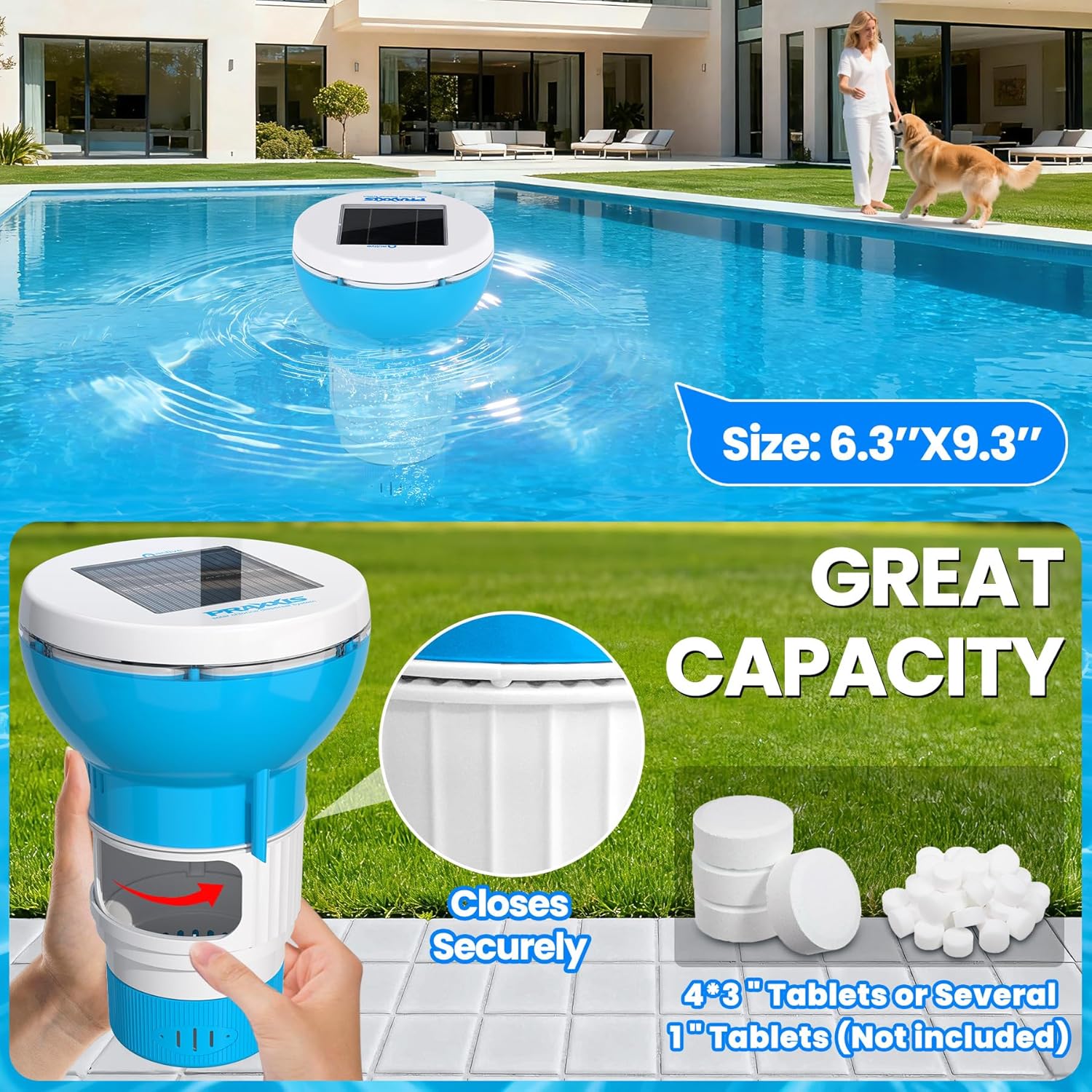 PRAXXIS Chlorine Floater with Solar-Powered Pump, Solar Chlorine Floater with Uniform Distribution, Rotating & Moving Floating Chlorine Dispenser for Pool, Adjustable Flow Pool Chlorine Floater(Blue)