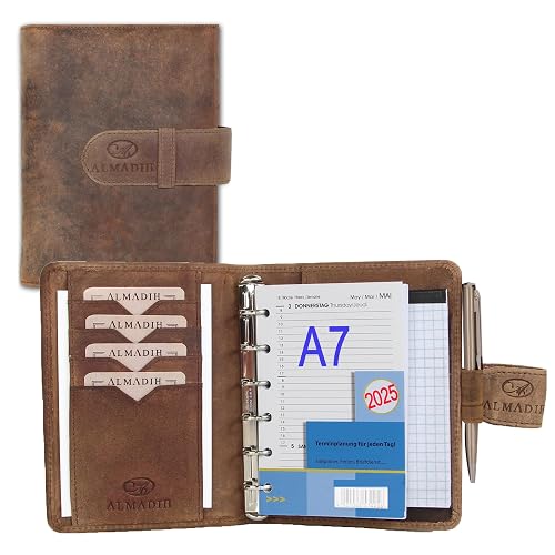 ALMADIH Leather A7 Planner with Rings, Calendar 2024 + Writing Pad made from Premium Cow Leather brown vintage with Gift Box - Personal Organizer Conference Folder System Ring Binder Zipper