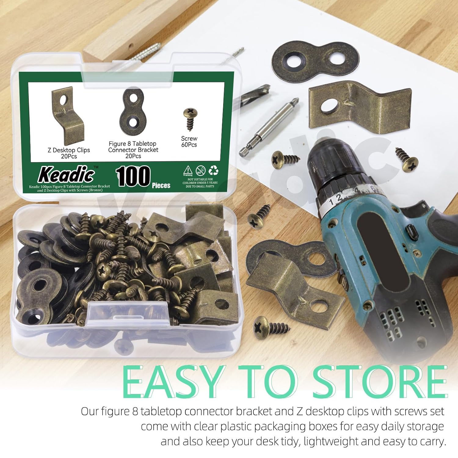 Keadic 101Pcs Heavy Duty Table Top Fasteners with Screws, Figure 8 Tabletop Connector Bracket and Z Desktop Clips for Wood Furniture (Bronze)