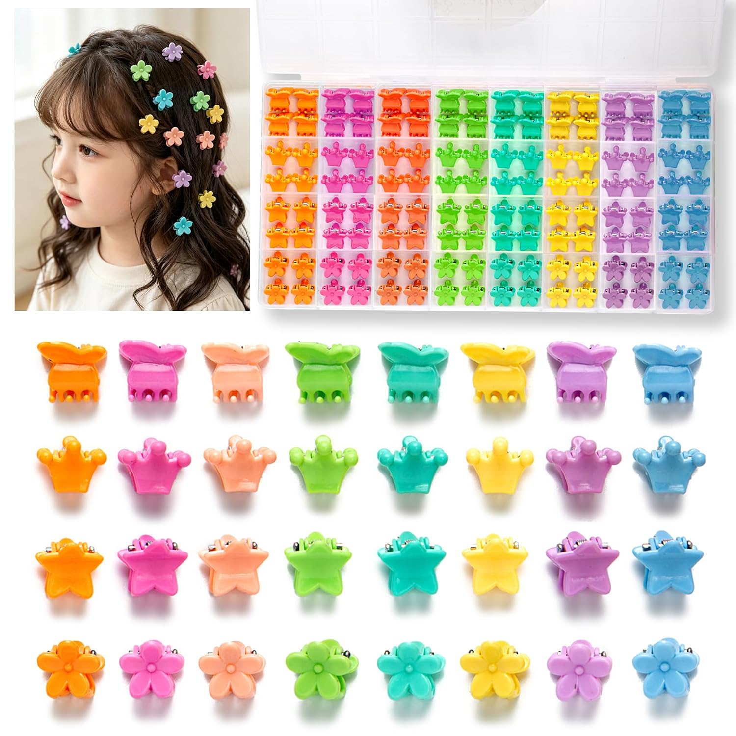160pcs Mini Claw Clips Extra Small Flower Crown Star and Butterfly hairclips, Cute Hair Accessories Kids Girl Toddler Fine Hair, Non-Slip Tiny Jaw Clips with Organizer Box