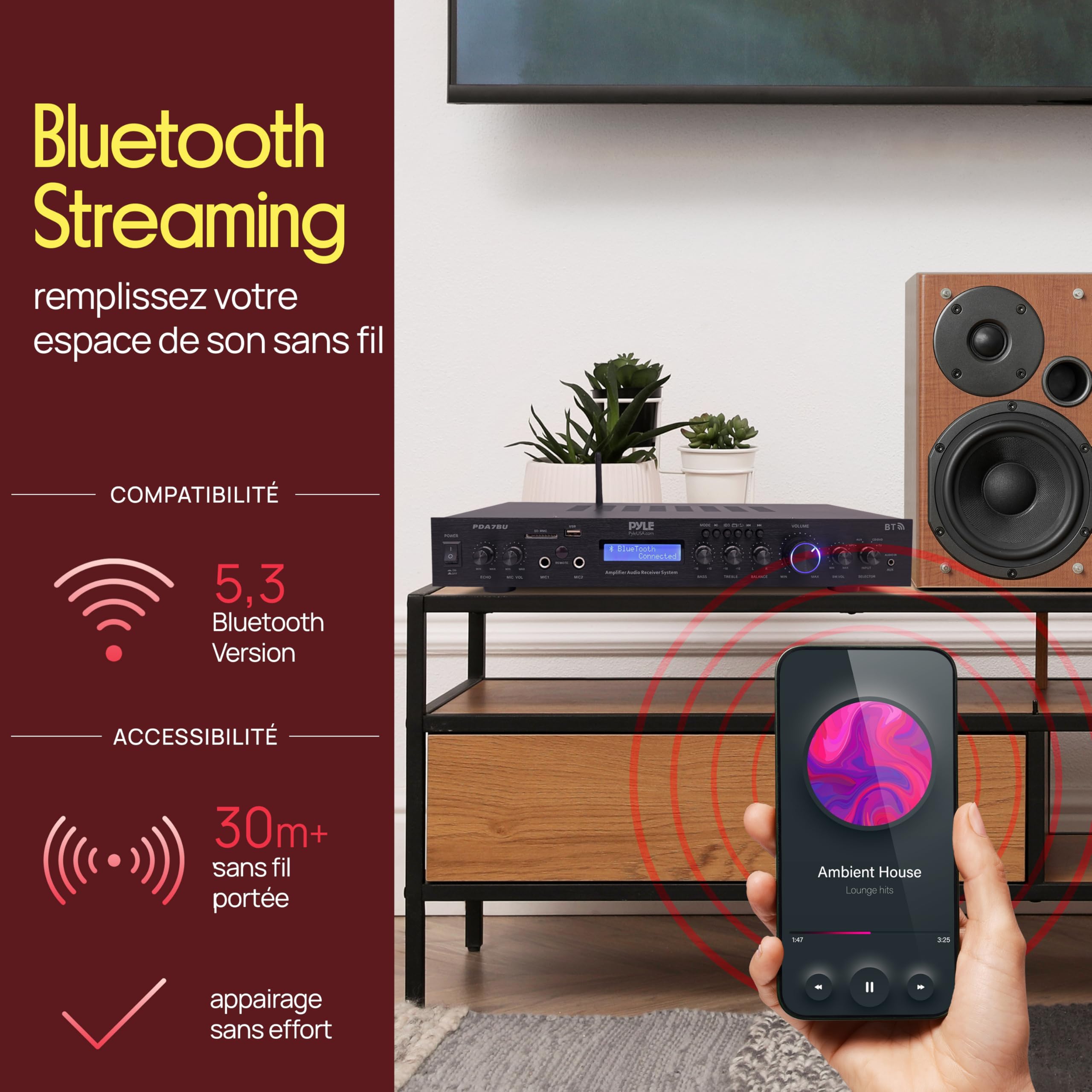 Pyle Ampli Bluetooth 5 Canaux à Montage en Rack, Amplificateur de Haut-Parleur Home , Streaming Bluetooth sans Fil, MP3/USB/SD/AUX/Radio FM, 200 Watts avec LCD ID3 Numérique, Noir