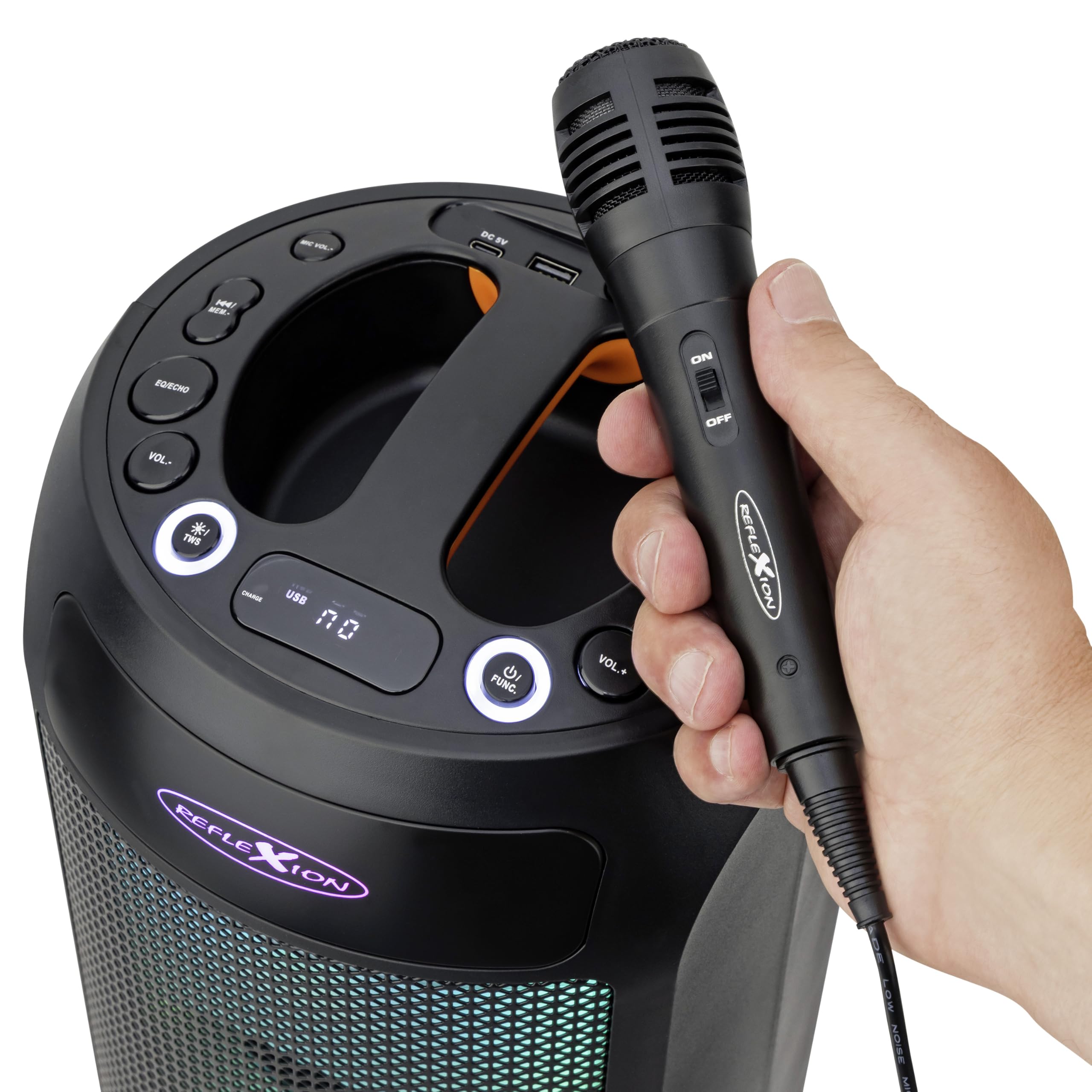 REFLEXION PSX30BT 240W Bluetooth Lautsprecher mit LED-Flammenlicht – Tragbarer TWS Speaker mit Mikrofon-Eingang, USB/AUX/FM-Radio – Leistungsstarker Sound für Party, Outdoor & Karaoke