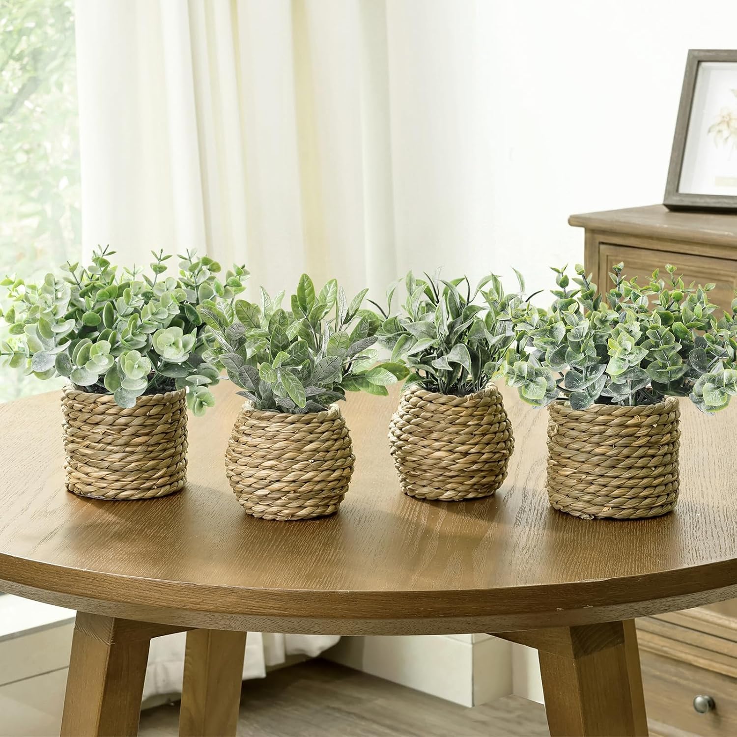 Small Fake Potted Plants: 7 Inches Artificial Plants with Seagrass Handwoven Planters, Indoor Farmhouse Spring Decorations, Eucalyptus Plant for Home Bathroom Office Shelf Tabletop Desk Room Decor