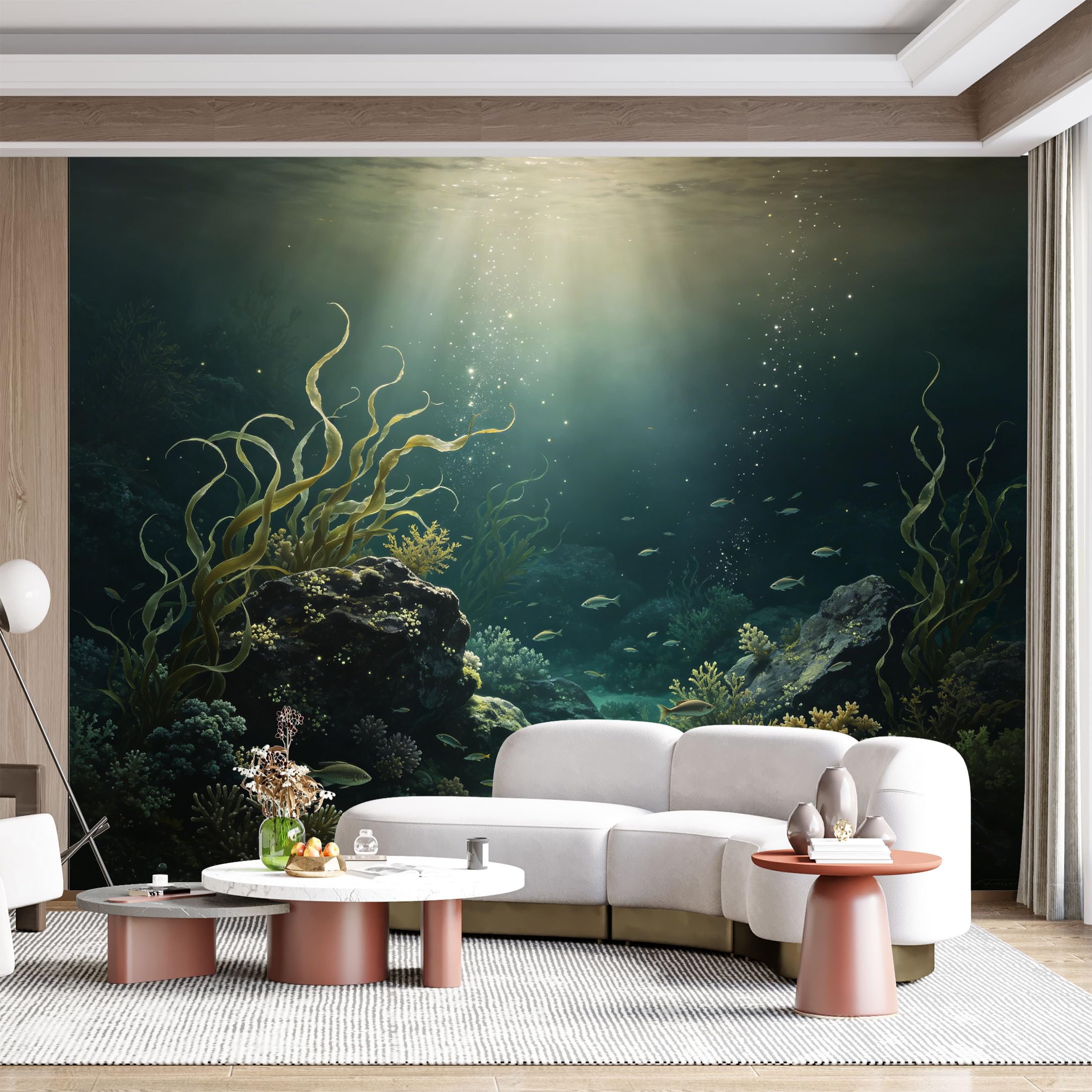 Custom Size Wall Mural Underwater Seascape Marine Life Kelp Forest Ocean Depths Panoramic Light Rays Realistic Painting SelfAdhesive Wall Fabric Removable for Home Office Decor