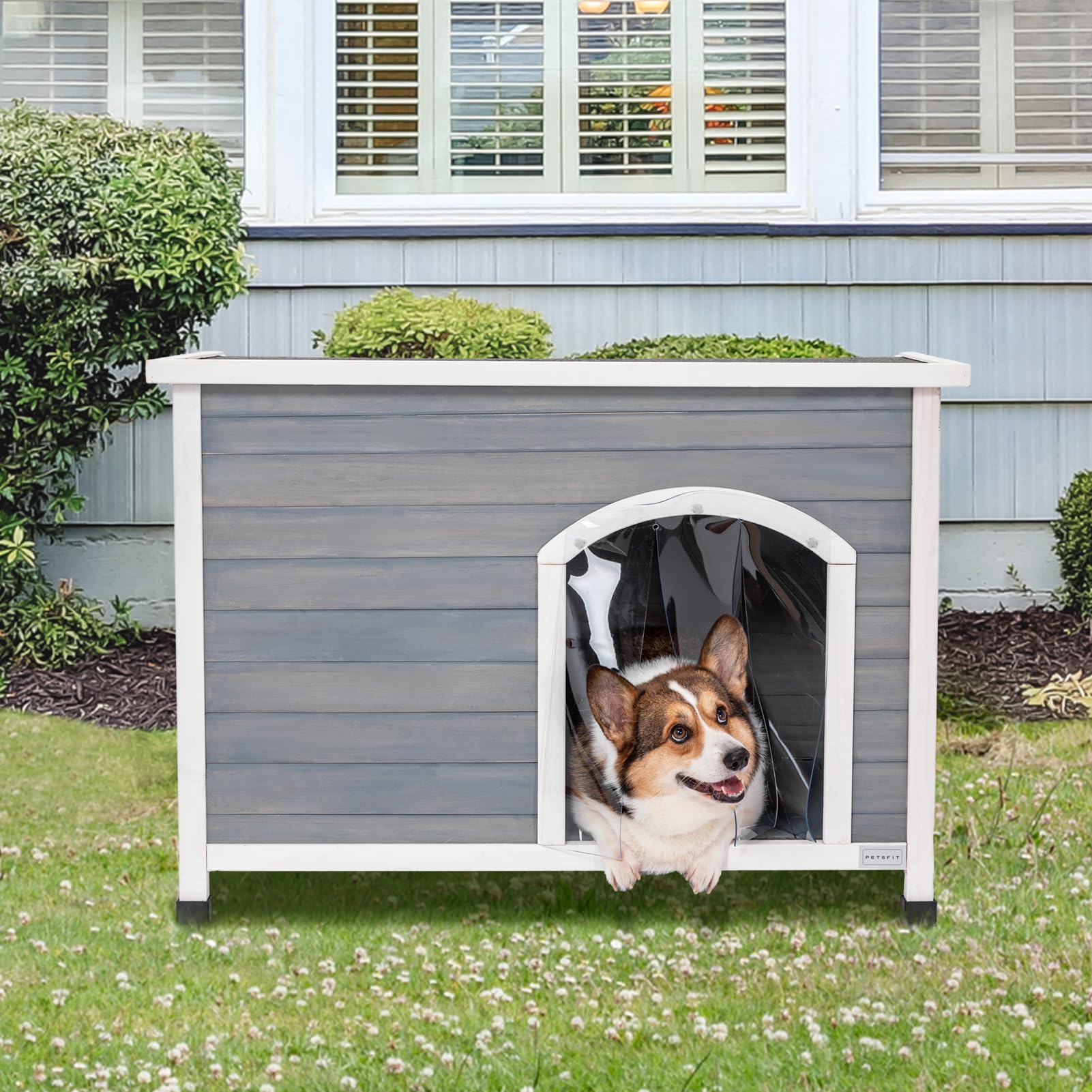 Petsfit Caseta Perro Madera Exterior, Casetas para Perros Plegable, Instalación Sencilla, Impermeable, Gris (M)