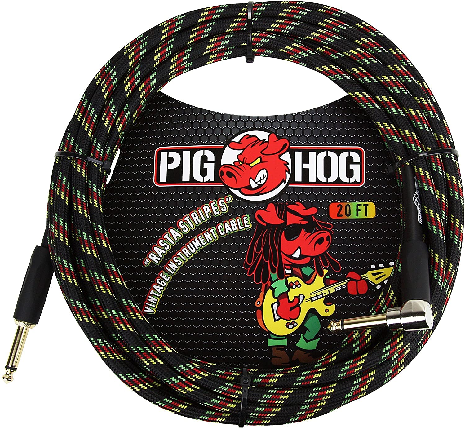Pig HogPCH20RAR Right-Angle" to 1/4" Rasta Stripes Guitar Instrument Cable, 20 Feet