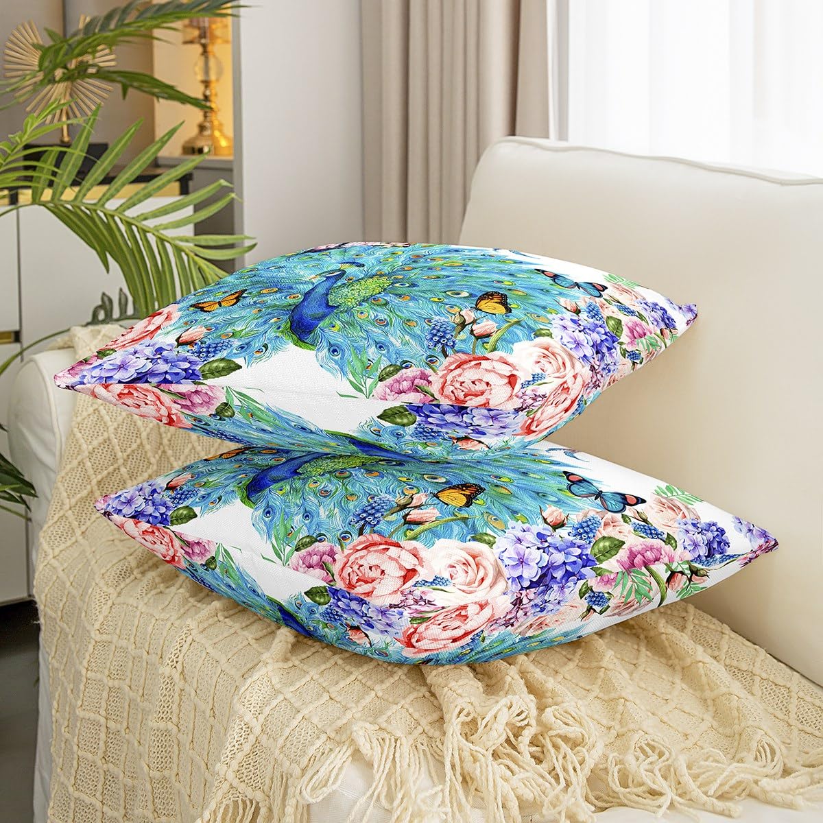 2 Federe Per Cuscino 45x45 Cm Con Fiori Rosa Acquerello - Cuscini Decorativi Primaverili In Lino Per Divano E Esterni - 4