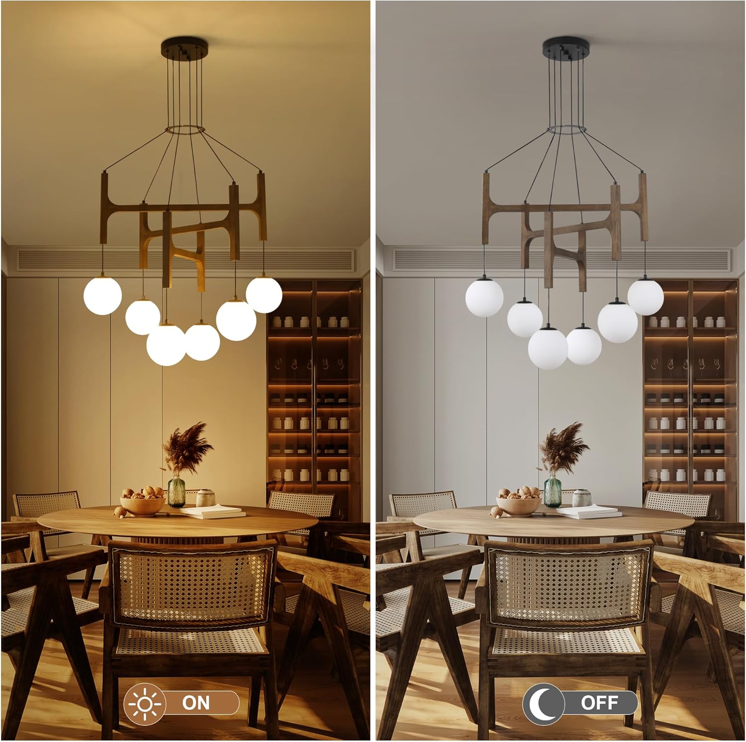 Farmhouse Wood Chandeliers,Large 6-Lights Rustic Pendant Light,Hanging Dining Room Light Fixtures Over Table,Mid Century Chandelier with Milk Glass Globe Shades for High Ceiling Foyer Entryway