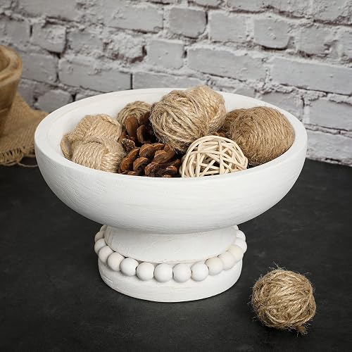 Amyhill Wood Pedestal Decorative Bowl 8 Inch Wooden Distressed Beaded