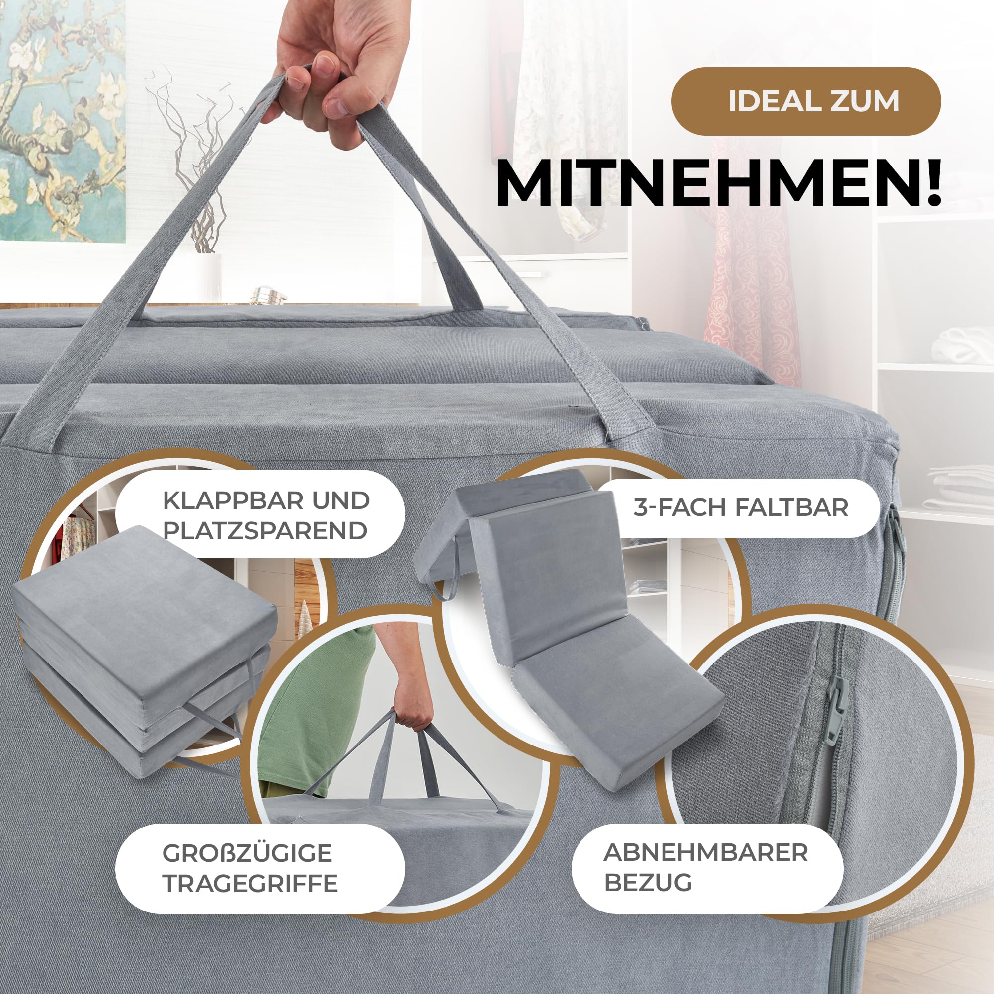 Herlag Orthopädische Klappmatratze 195x75x14cm - Extra Dickes Gästebett 14 cm hoch - Faltmatratze Härtegrad H3 Deluxe-Komfort Visco-Schaum - Faltbare Gästematratze 3-teilig - Bezug waschbar - Grau