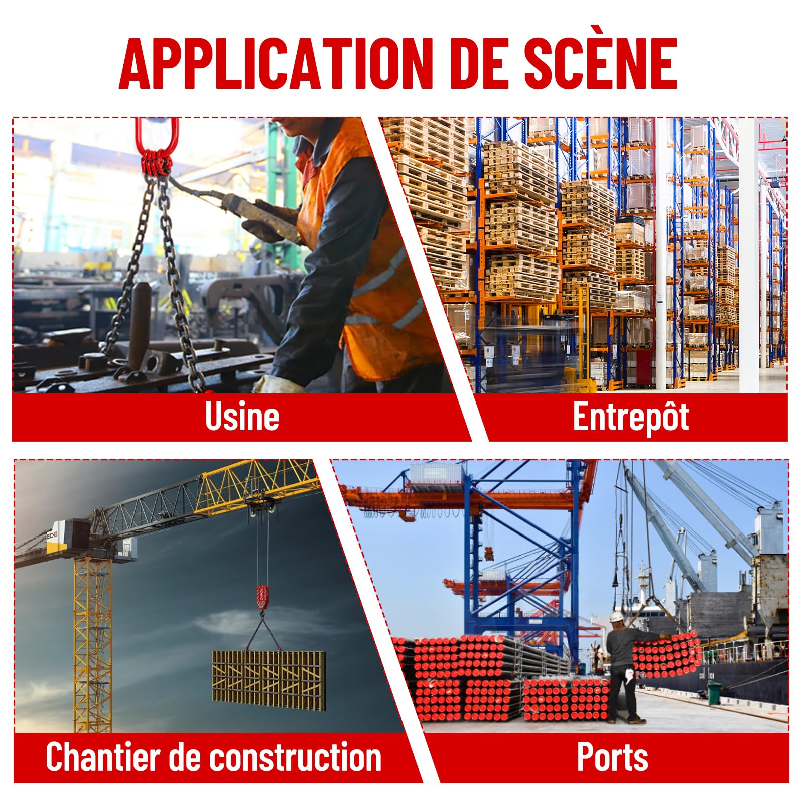 G80 en Acier au Manganèse Elingue de Levage, Chaîne de Levage de Capacité de Levage de 3000 kg, 1,5 m 4 Chaînes avec Crochets de Levage, Chaine de Levage de 6 mm d'épaisseur pour Levage Lourd
