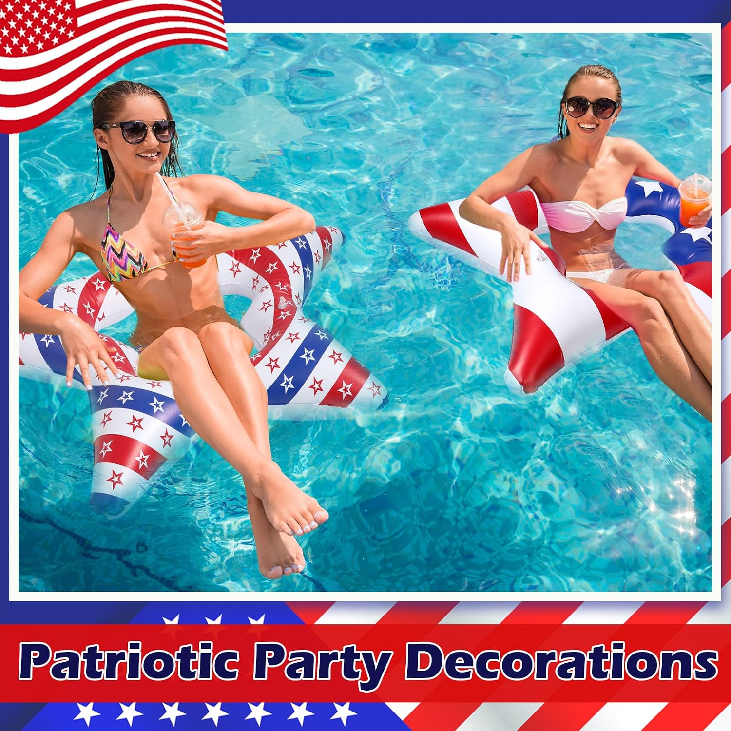 6 Pcs Patriotic 4th of July Pool Floats Independence Day 35In 250th Anniversary USA Flag Swim Ring Red White Blue Stars America Memorial Day Inflatable Pool Tube Raft for Summer Beach