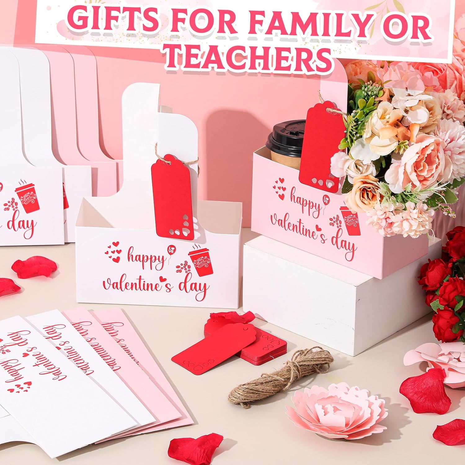 30 Set 2/4 Cups Drink Carrier with Handle, 12-30 oz Kraft Paperboard Coffee Cup Holder for Cold Hot Drinks, Takeout Beverage Delivery for Valentine(Valentine Style,7 x 3 x 9 Inch,White Pink) - Image 5