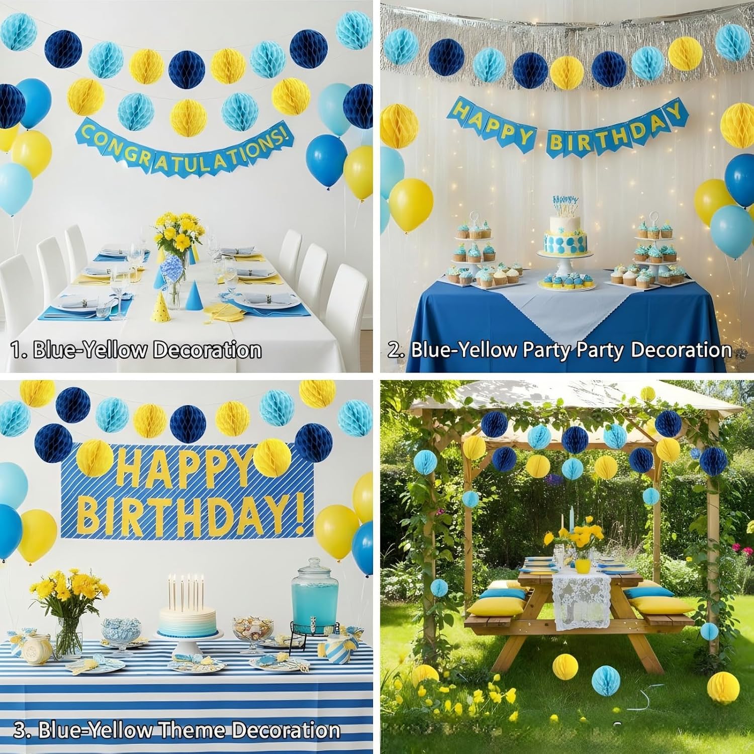 Blue and Yellow Paper Honeycomb Balls,12 Pack Hanging Tissue Pom poms for Birthday Party Decoration