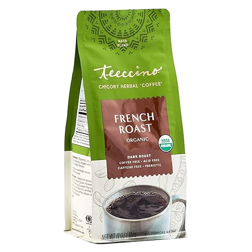 Teeccino French Roast Chicory Coffee Alternative, 11 Ounce: Ground Herbal Coffee That’s Prebiotic, Caffeine-Free & Acid-Free, Dark Roast, with Carob and Chicory, No artificial flavors