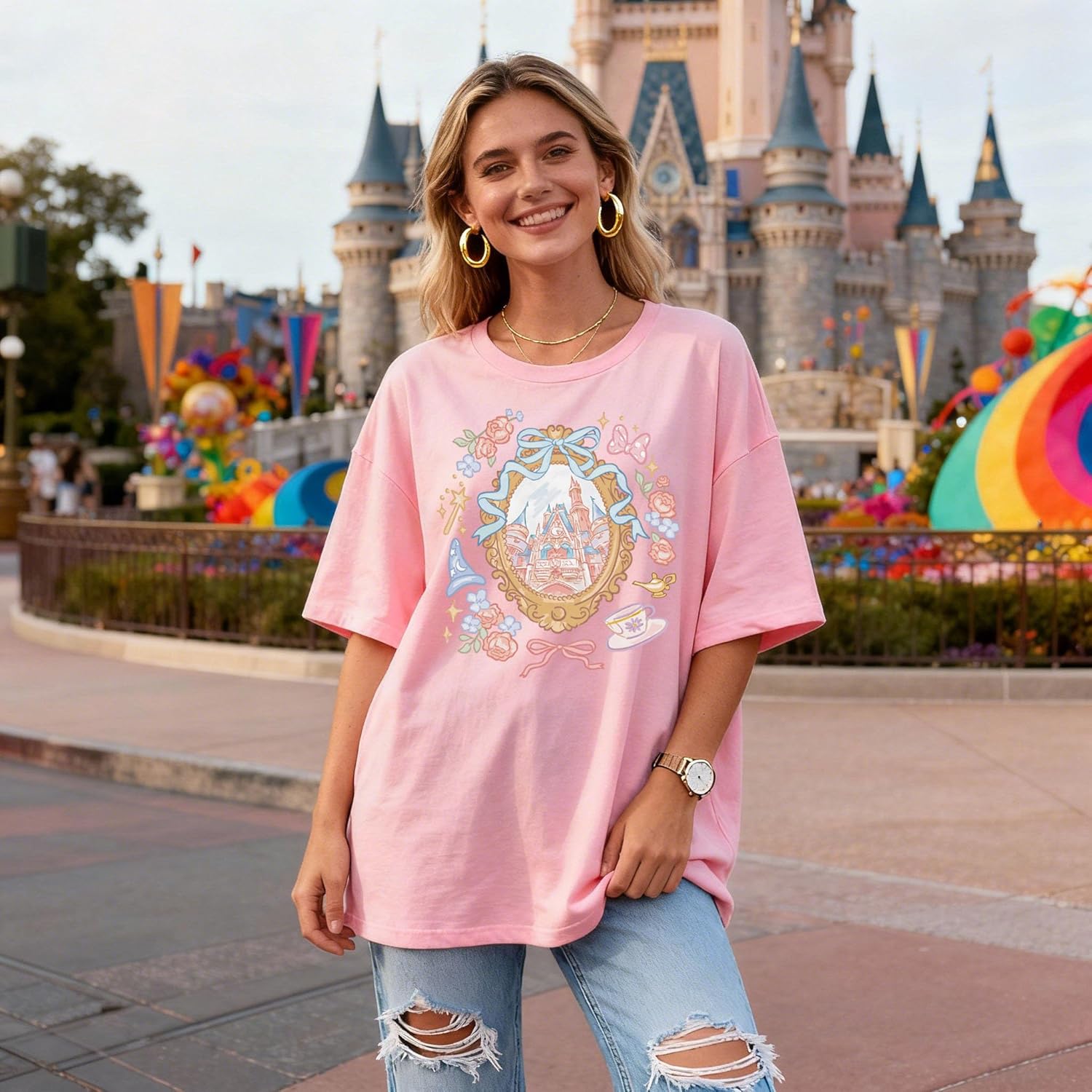 Magic Kingdom Castle Shirt for Women Princess T Shirts Oversized Tee Coquette Bow Castle Graphic Top - Image 3