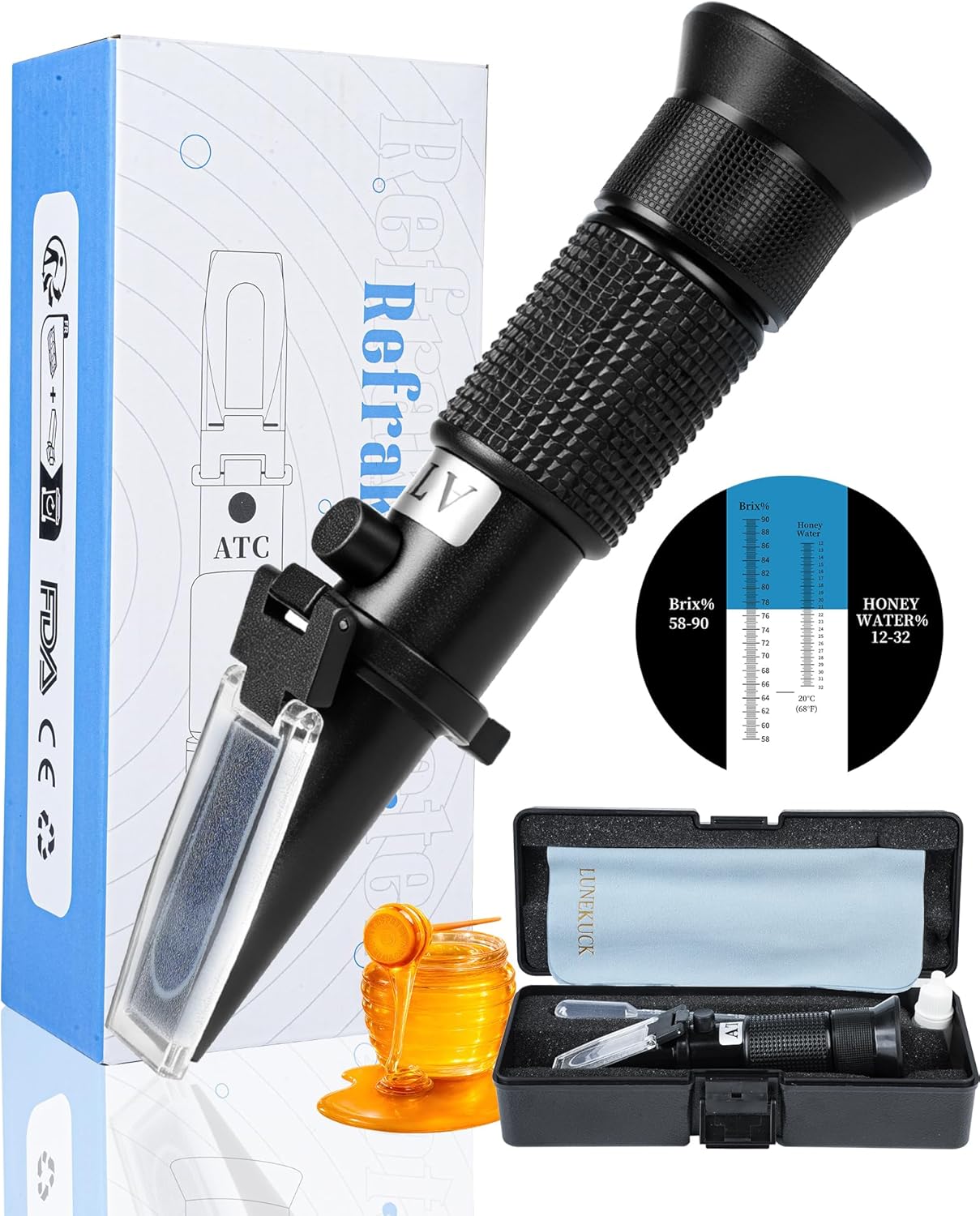 2-in-1 Honig Refraktometer für Imker, Brix 58-90% & Wasser 12-32% – Inkl 72,2% Kalibrierflüssigkeit, Pipetten & Box, Präzises Handrefraktometer mit ATC für Honig, Sirup, Gelee & Marmelade