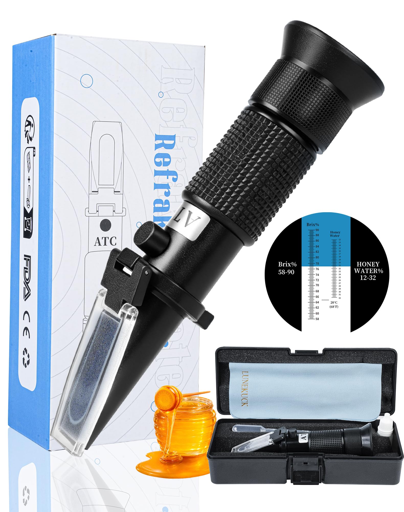 2-in-1 Honig Refraktometer für Imker, Brix 58-90% & Wasser 12-32% – Inkl 72,2% Kalibrierflüssigkeit, Pipetten & Box, Präzises Handrefraktometer mit ATC für Honig, Sirup, Gelee & Marmelade