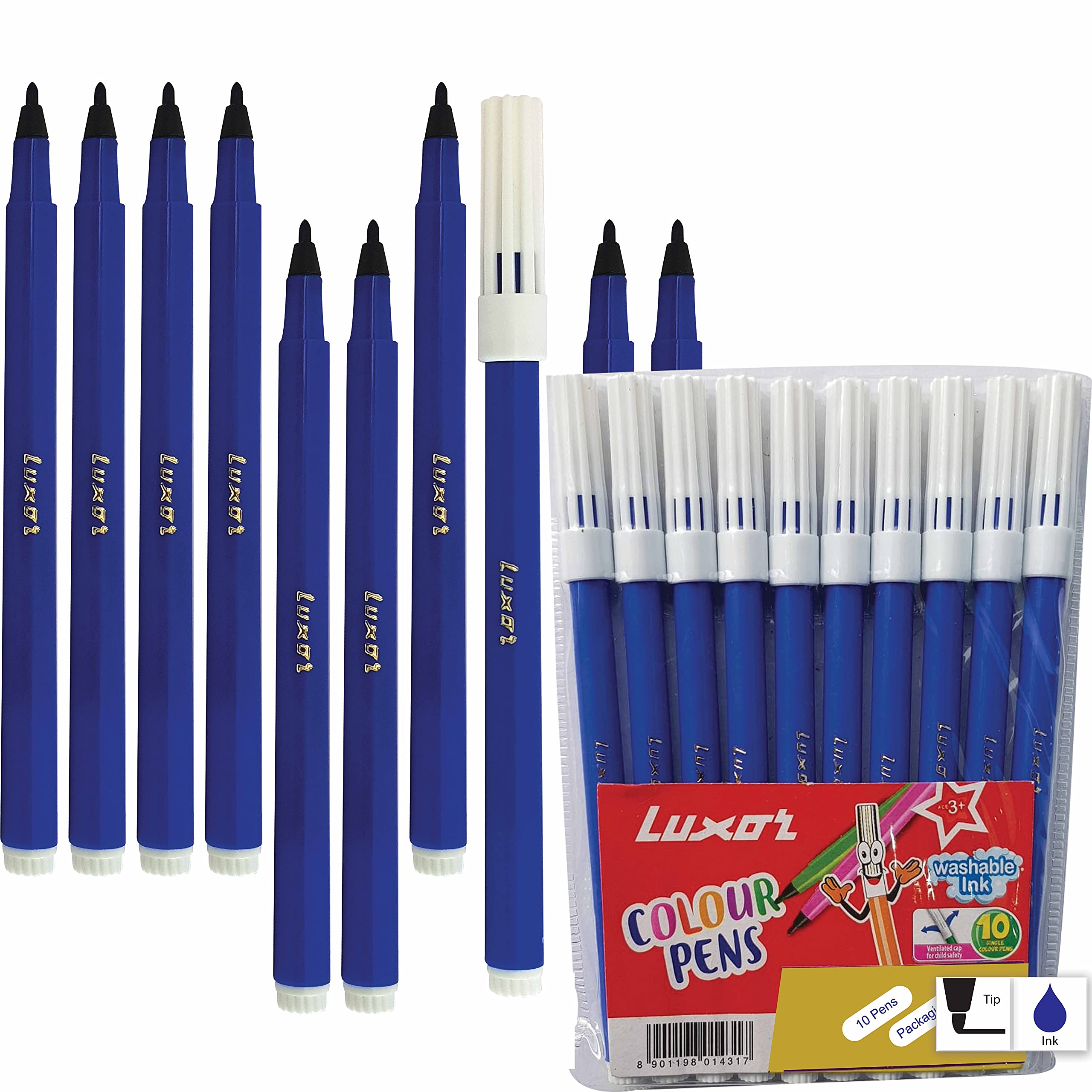 LUXOR Felt Tip Pens, BLUE, Fibre Point, Pack of 10, Colour Draw Sketch Line Write Mark, Perfect School Office Home Use, ZOFAX Black Ball Pen