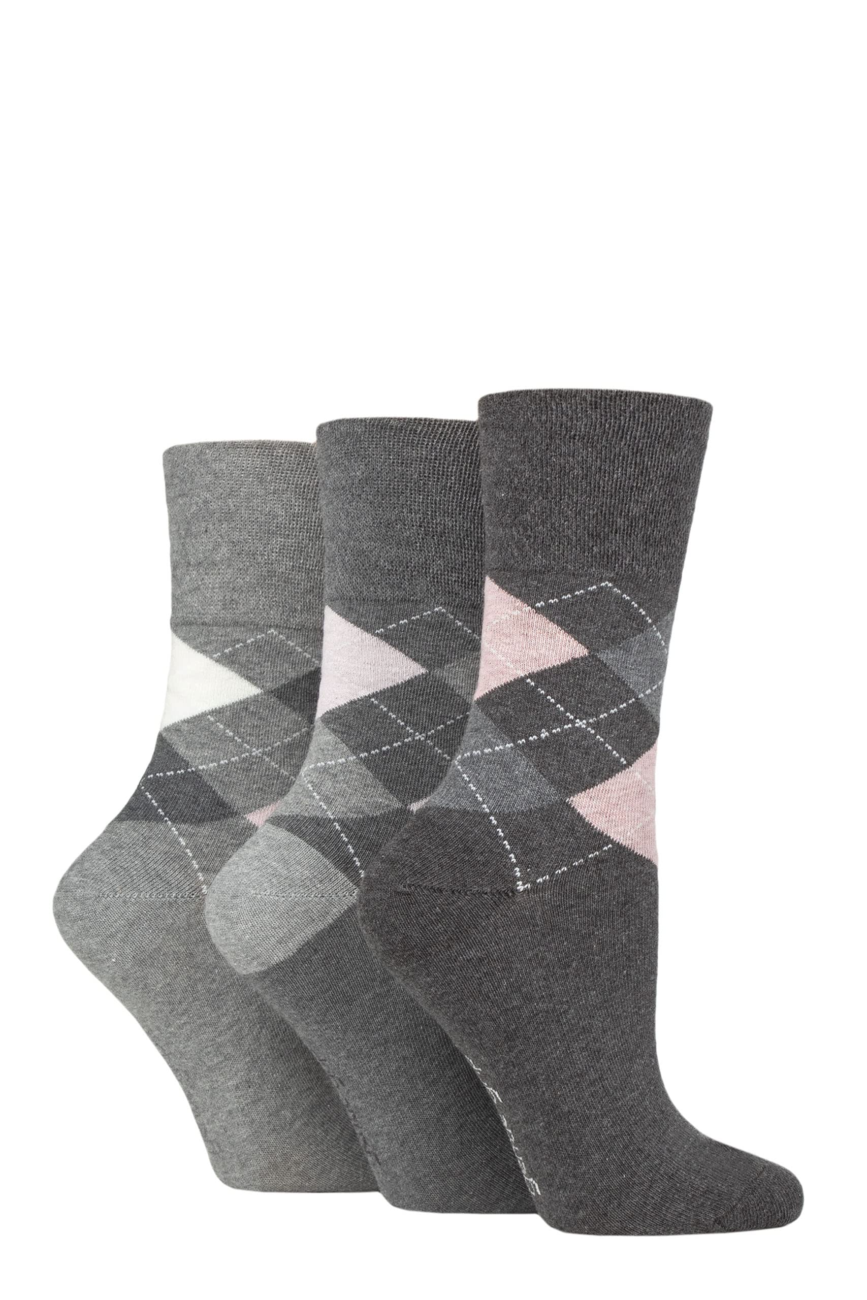 Gentle Grip Ladies 3 Pair Argyle Patterned Cotton Socks Argyle Charcoal/Grey 4-8