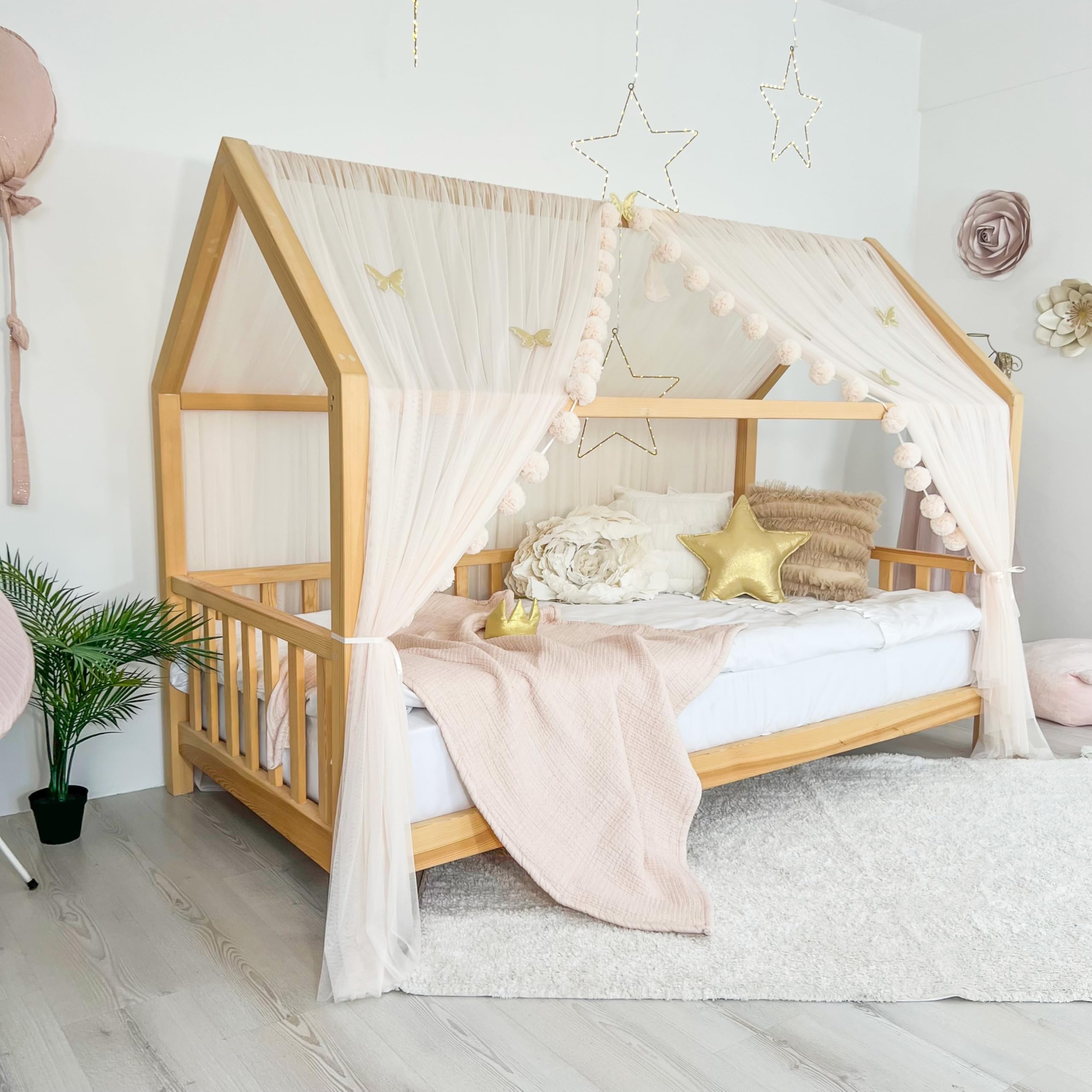 Tenda a baldacchino per letto della cameretta dei bambini, decorazione per letto montessori, tenda da gioco in morbido tulle per bambini (rosa vaniglia morbida, 380 cm, set da 4)