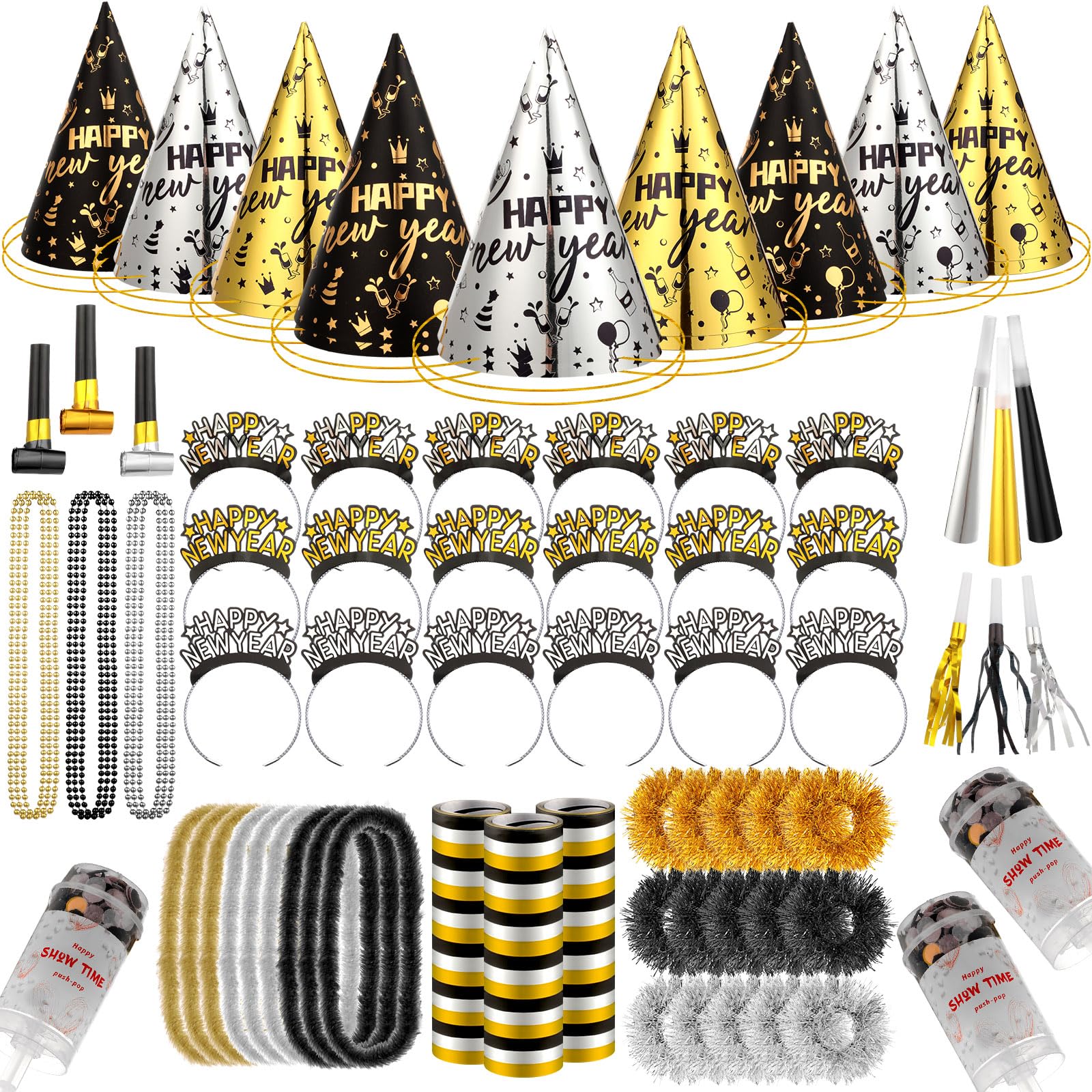 Silipull 156 Pcs New Years Eve Party Supplies Kit for 36 Guests, Include Happy New Year Hats Headband Tiara Metallic Fringed Noise Makers Blowing Horns Blowout Necklace Bracelet New Years Eve Supplies