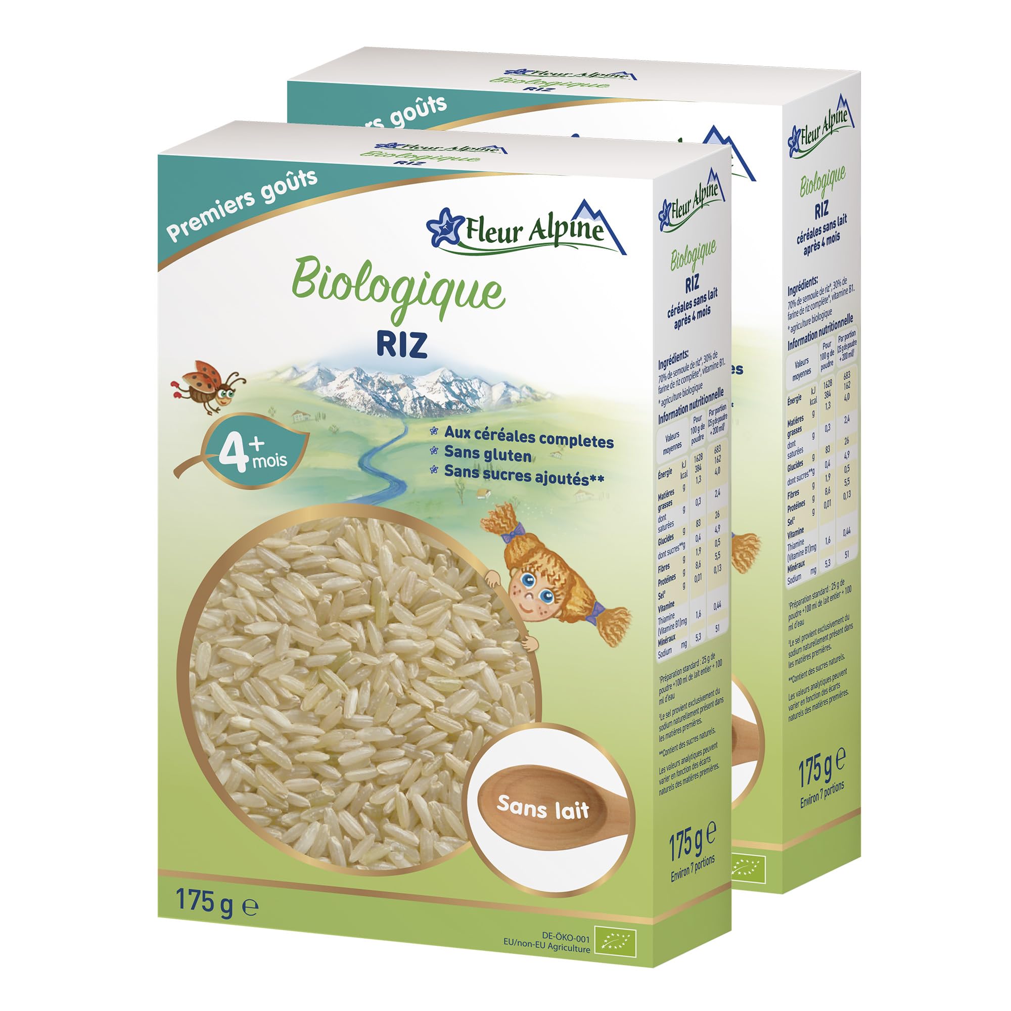 FLEUR ALPINE Bouillie Bébé | Lot de 2 Céréales pour Bébés au Riz Biologique - Bouillie de Délicieux Petits Déjeuners | Porridge Nutritif sans Gluten 4+ Mois sans Sucres Ajoutés | 2x7 Portions