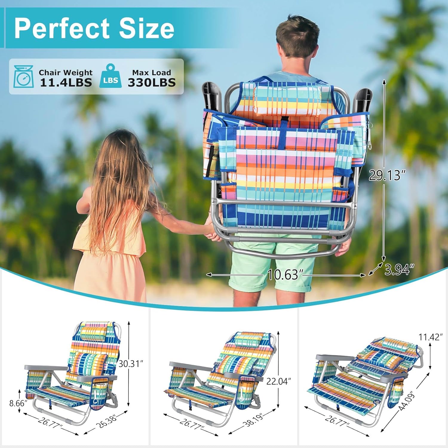 Suteck Beach Chair, Adjustable 5-Position Backpack Beach Chairs for Adults Kids, Foldable Lay Flat Chair with Cooler Bag, Cup Holder and Lumbar Pillow, Reclining Lay Down Chairs (Blue&Yellow)
