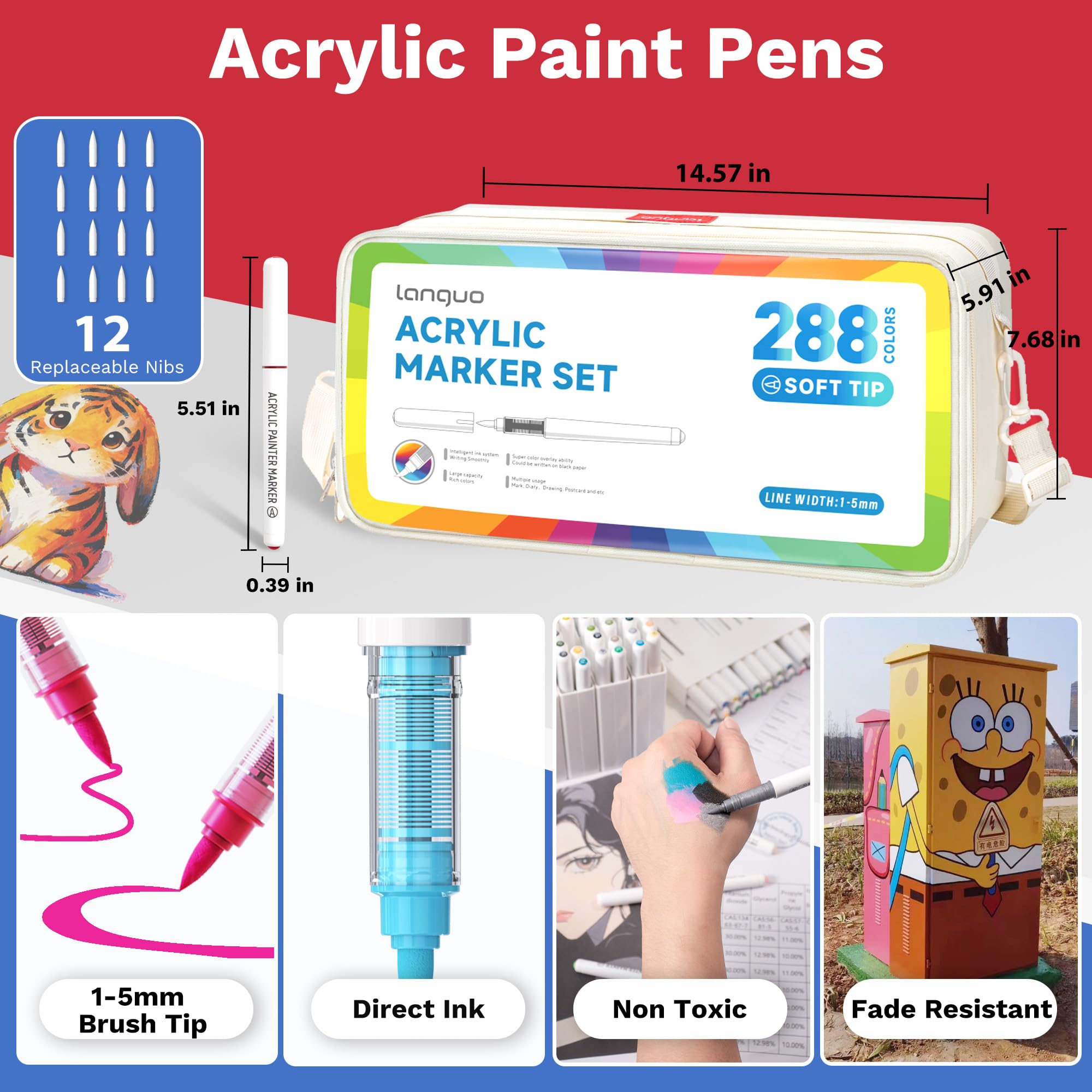 288 Farben Acrylfarben Markerstifte - Pinselspitze, Lebendige Farben für Holz, Stoff, Glas & Mehr, Acrylmalstifte Set mit Aufbewahrungskoffer, Ideal für DIY Bastelprojekte