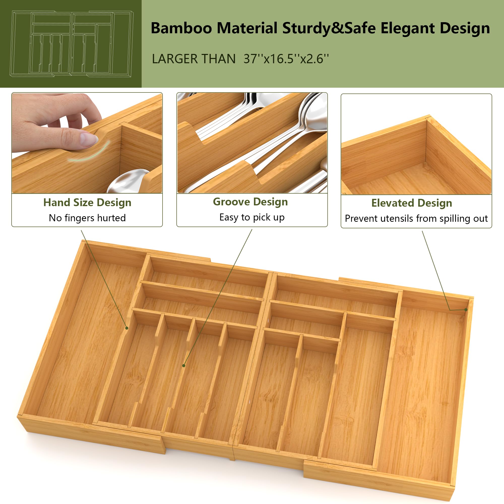 Suli Großer Besteckschubladen Organizer, verstellbares Küchenbesteck für Gabeln, Utensilienhalter für Löffel, Gabeln, Messer, Einstellbar Breite 54, 4-91,4 cm, Tiefe 40 cm,Naturbambus