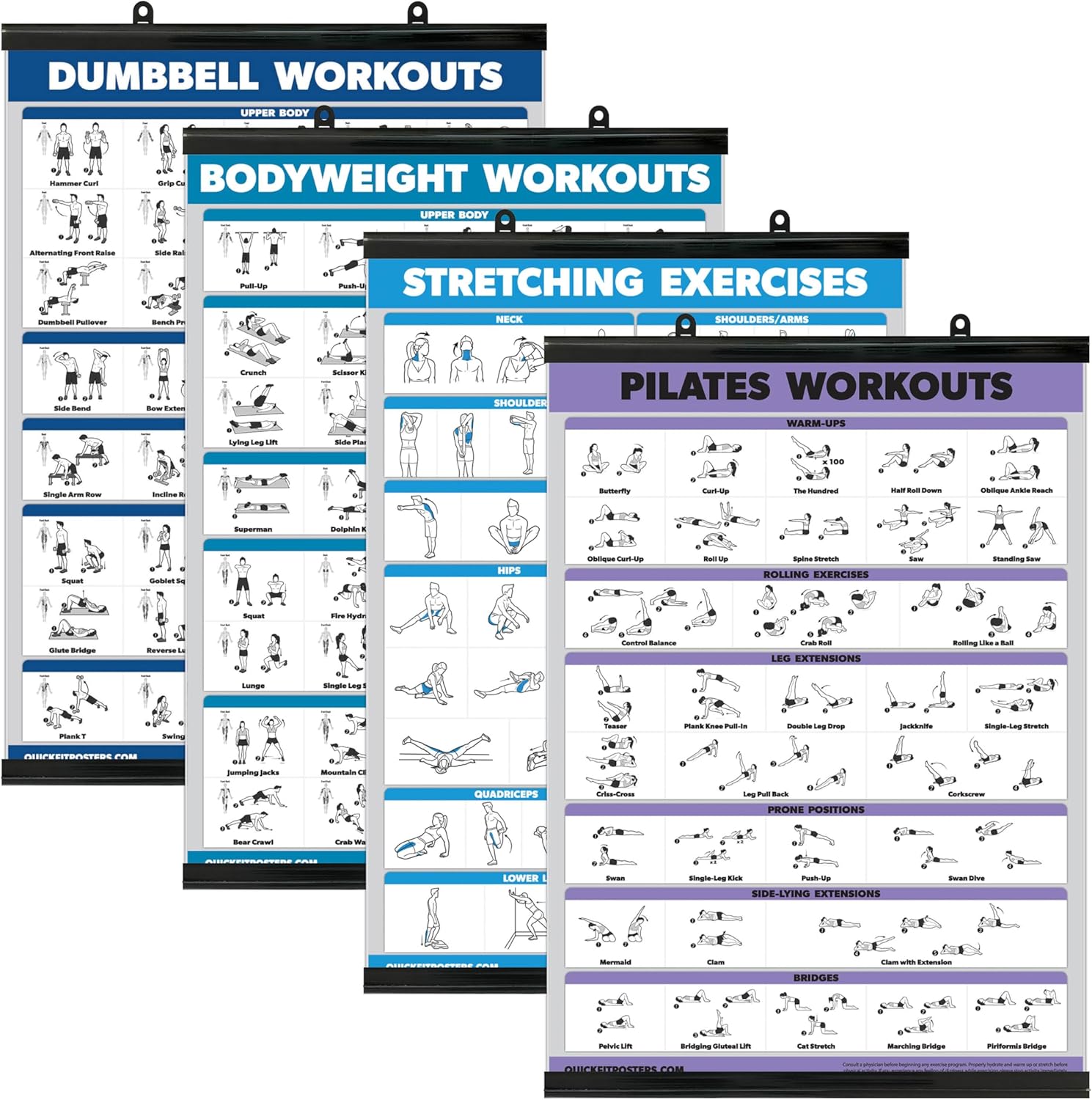Palace Learning 4 Pack - Dumbbell Workouts + Bodyweight Workouts + Stretching Exercises + Pilates - Set of 4 Workout Charts (18” x 24”, LAMINATED WITH PLASTIC FRAME)