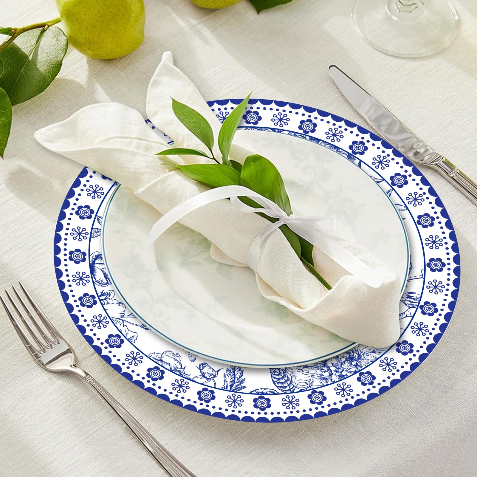 50 manteles individuales de papel floral azul de 14 pulgadas, manteles individuales redondos de flores desechables para mesa de comedor, banquete y suministros de fiesta