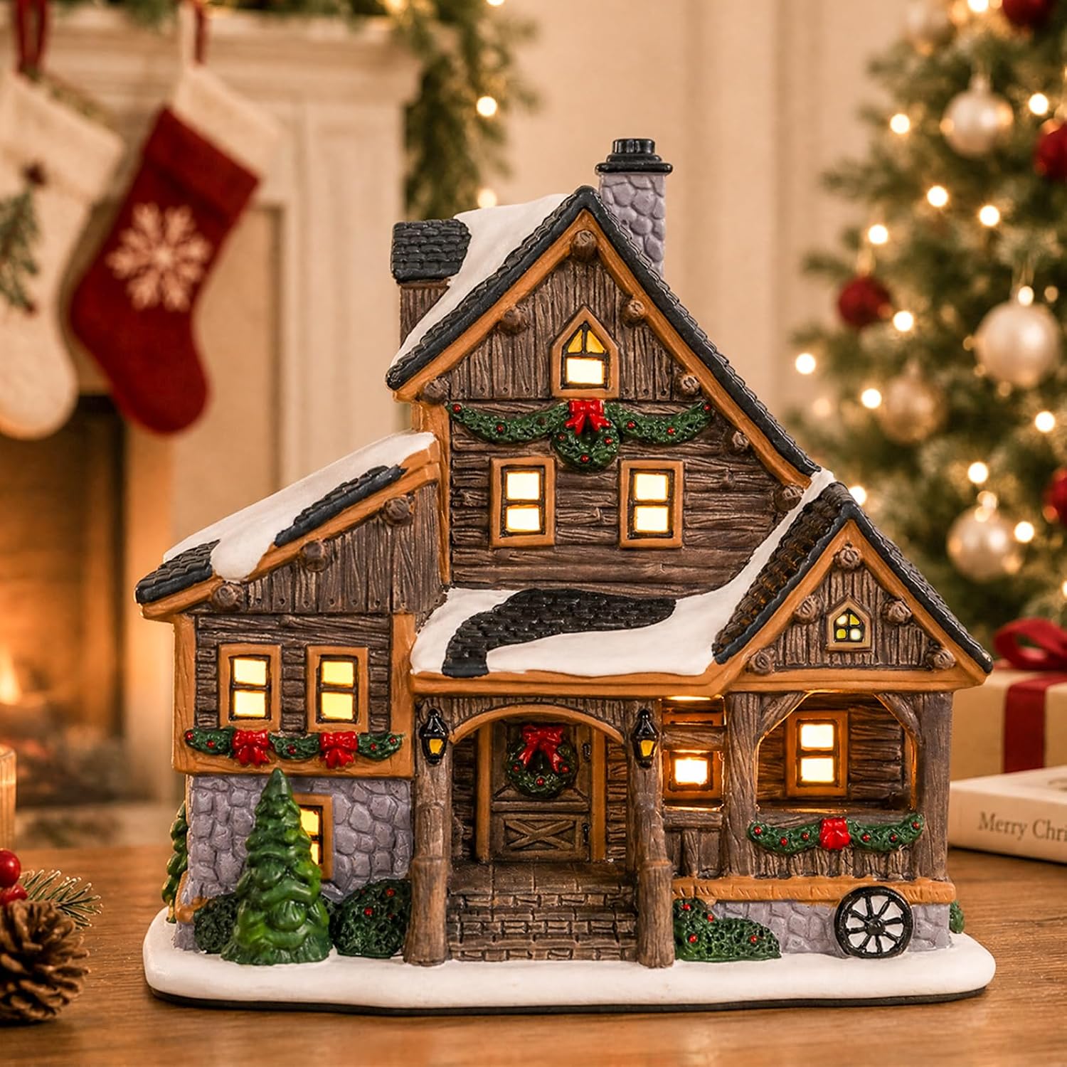 Ceramic Christmas Village Houses,Light Up Cabin Christmas House for Indoor