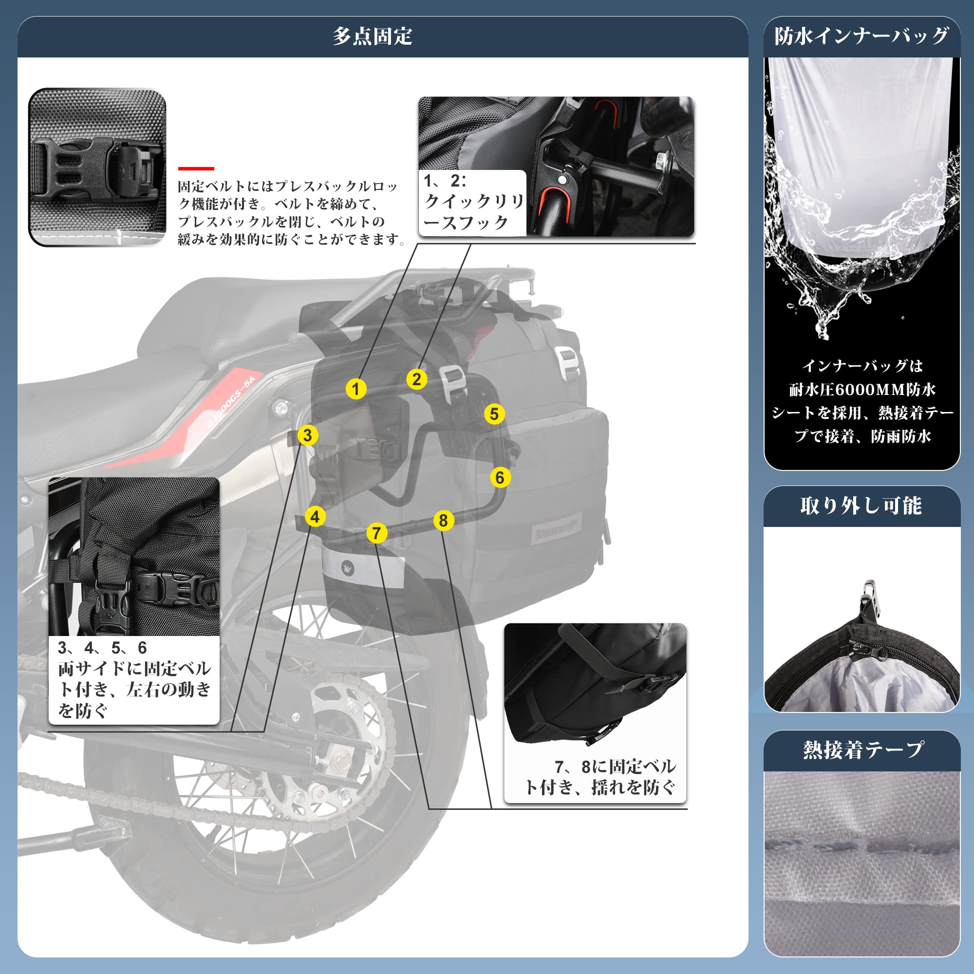 Amazon | Rhinowalk バイク用サイドバッグ 防水 20L大容量 オフロード