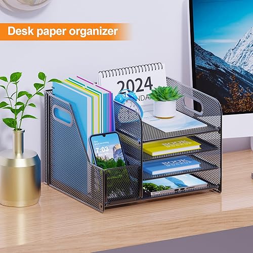 Miniatura 5 de Organizador de escritorio de malla de 4 niveles con soporte para archivos, organizador de suministros de oficina para accesorios de espacio de