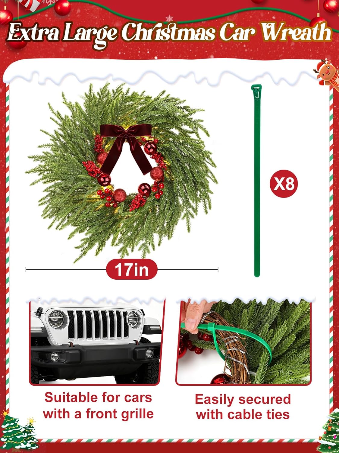 17" Pre-Lit LED Christmas Car Wreath Decoration - Pine Christmas Wreath for Car Front Grill with Remote, Red Bow, Berry, Balls, for Golf Carts Jeeps Trucks SUVs