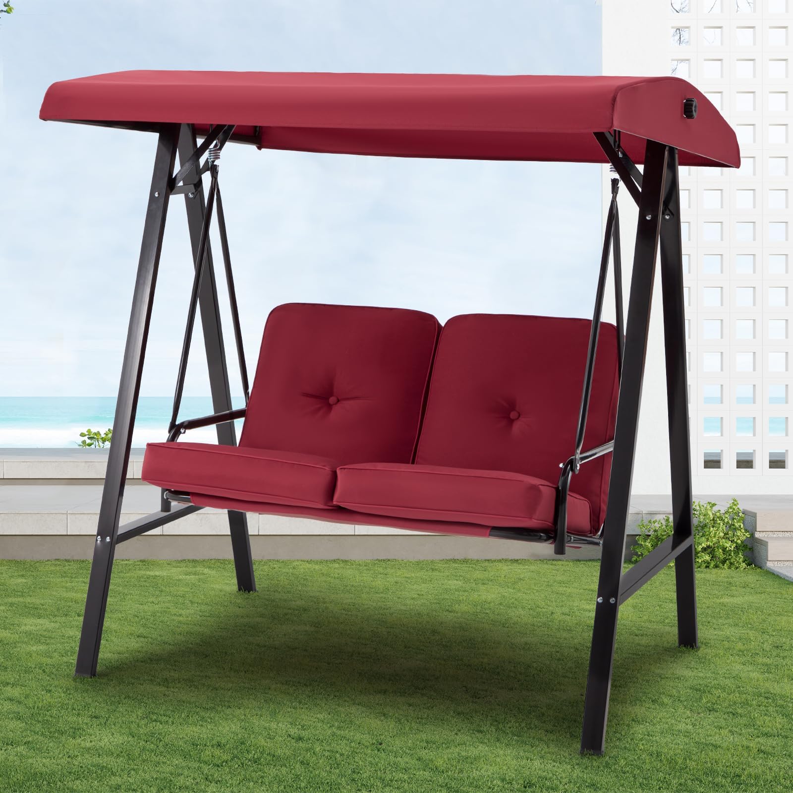 U-MAX 2 Seat Outdoor Patio Swing Chair for Adults, Porch Swings with Adjustable Canopy, Outside Swing Bench with Removable Cushion, Suitable for Backyard, Garden, Yard, Poolside, Balcony (Red)