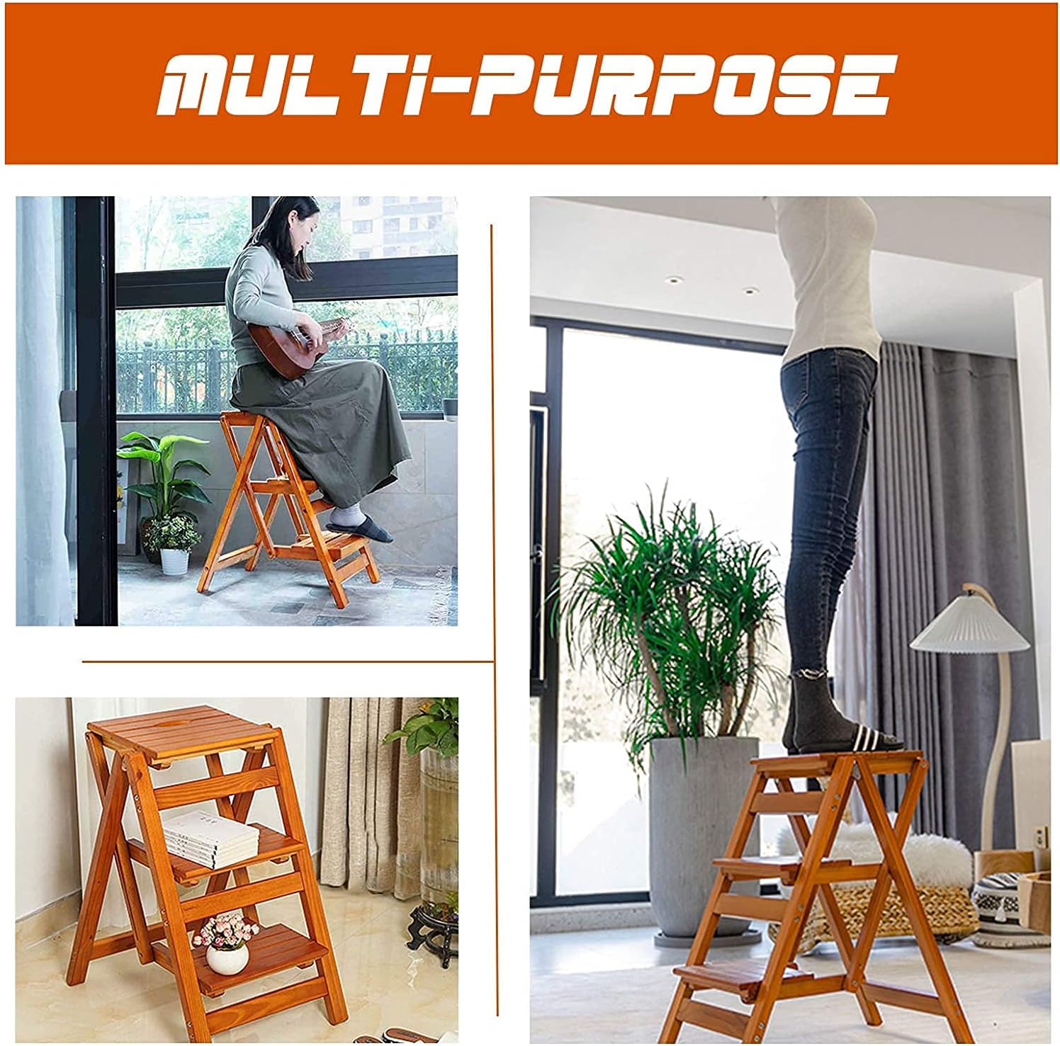 Folding Step Stool Step Ladder 3 Tier Multi Functional Folding Solid Wood Ladder Stool Step Stool Household Step Ladder Stool for Household and Office