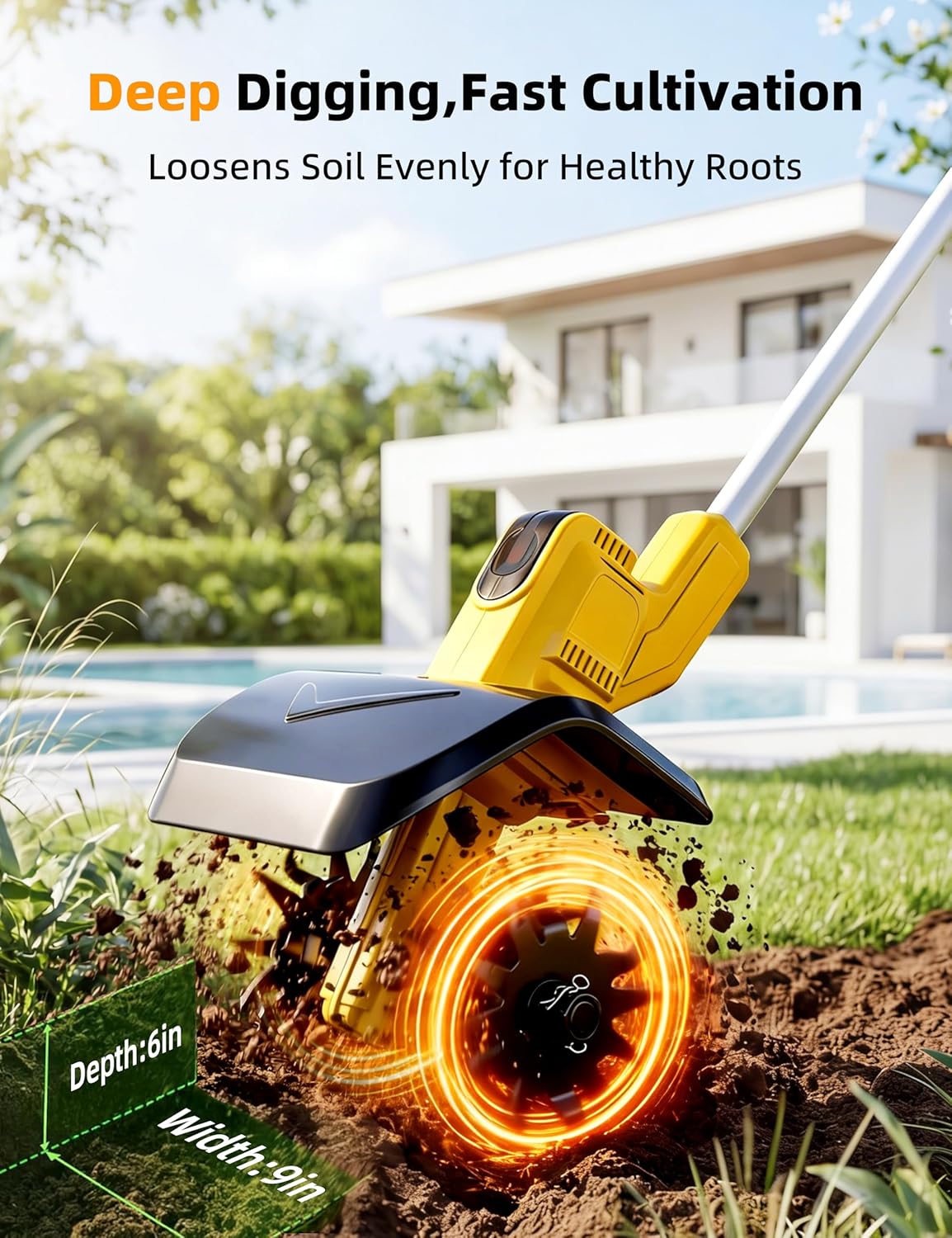 Cordless Tiller Cultivator/ Trencher 2-IN-1, Electric Mini Tiller Lawn Edger w/ 2*4.0Ah Battery, 9” Width, 6” Depth, 48 Steel Tines Rototiller for Garden, Soil, Weeding, Compatible with Dewalt Battery